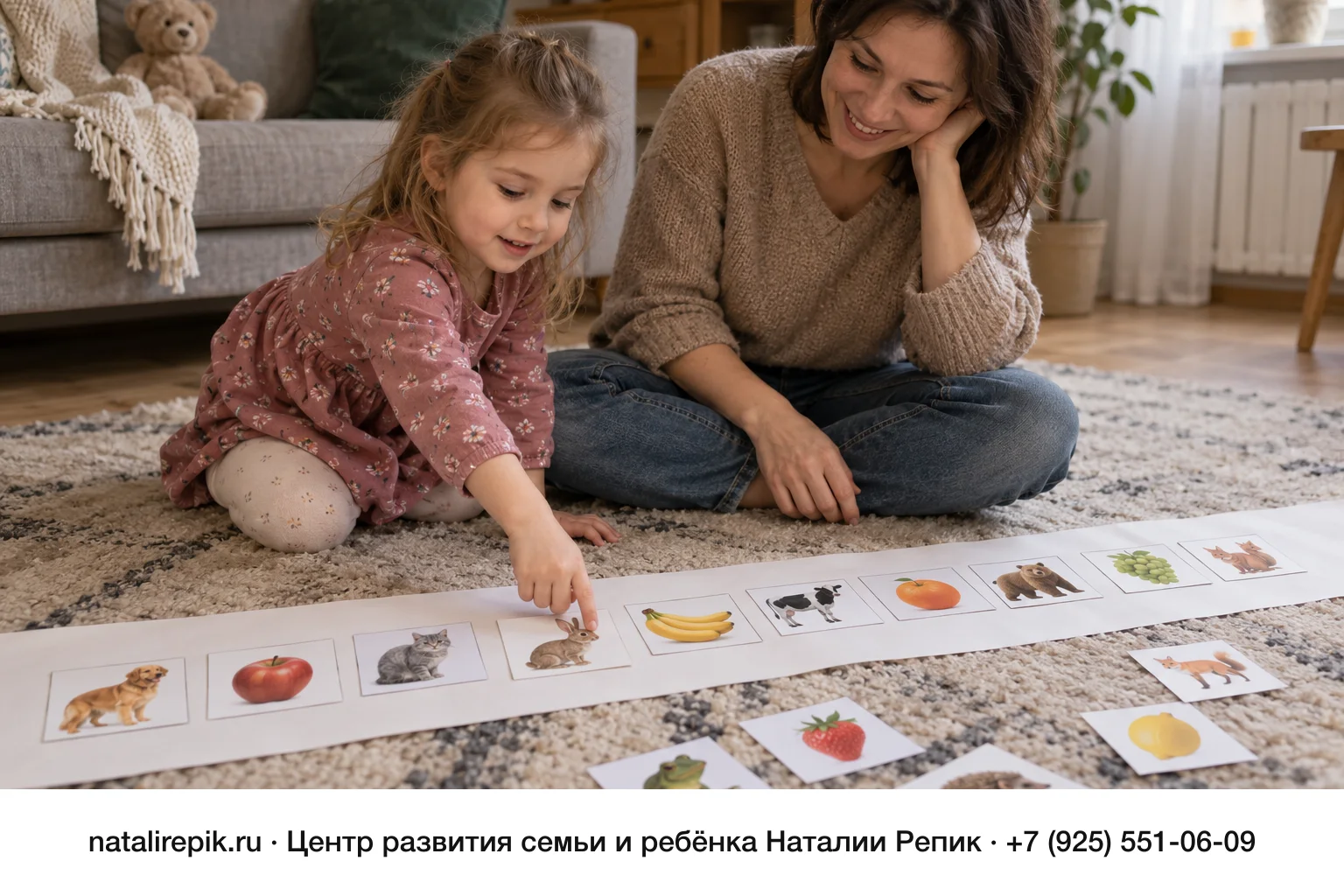 Мама и девочка лет четырёх–пяти на ковре в гостиной раскладывают вдоль длинной бумажной ленты карточки с картинками животных и фруктов, девочка показывает пальцем на карточку с зайцем, мама смеётся