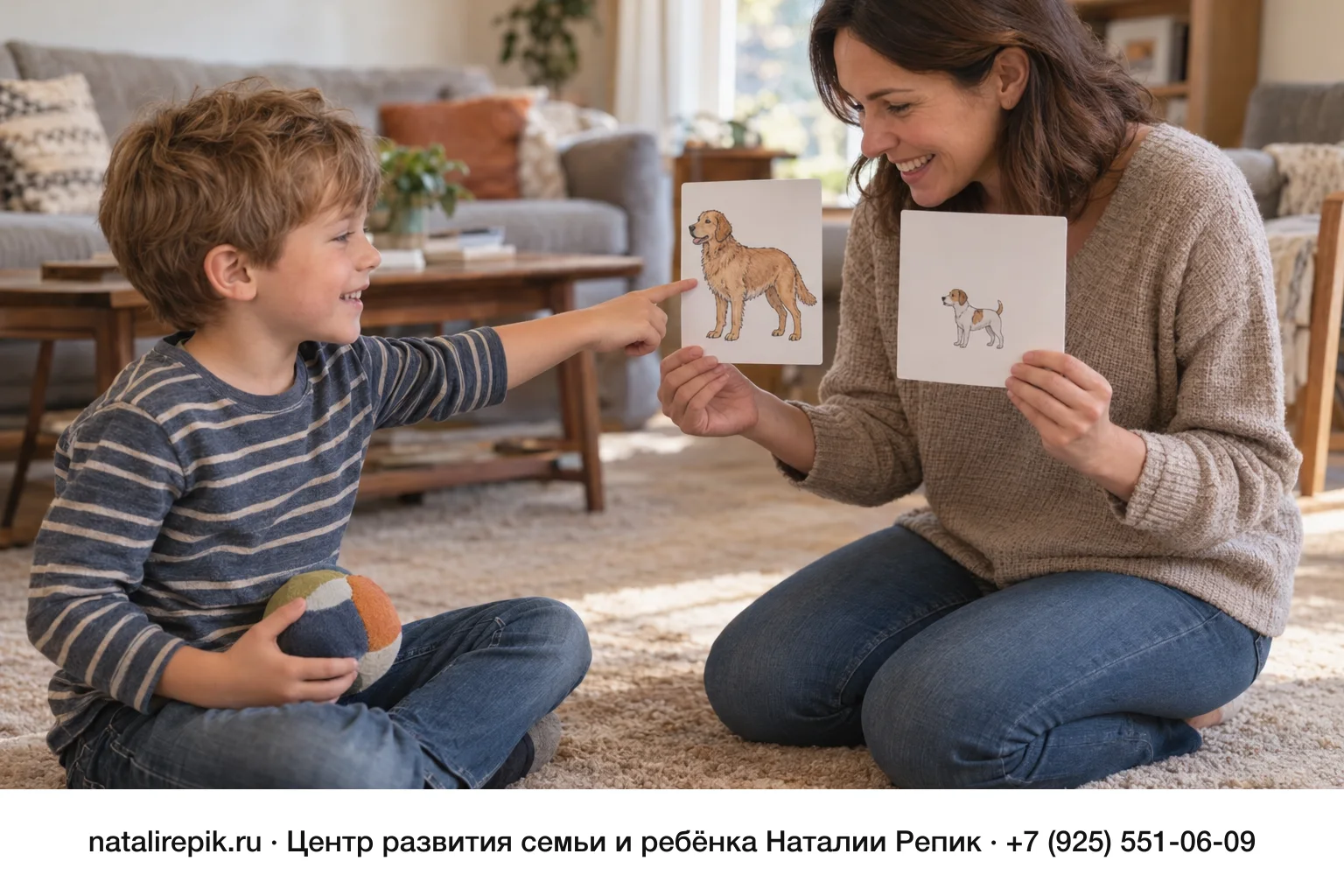 Мама и мальчик шести лет играют в «скажи наоборот»: мама держит две карточки с картинками большой и маленькой собаки, а мальчик с улыбкой указывает на нужную