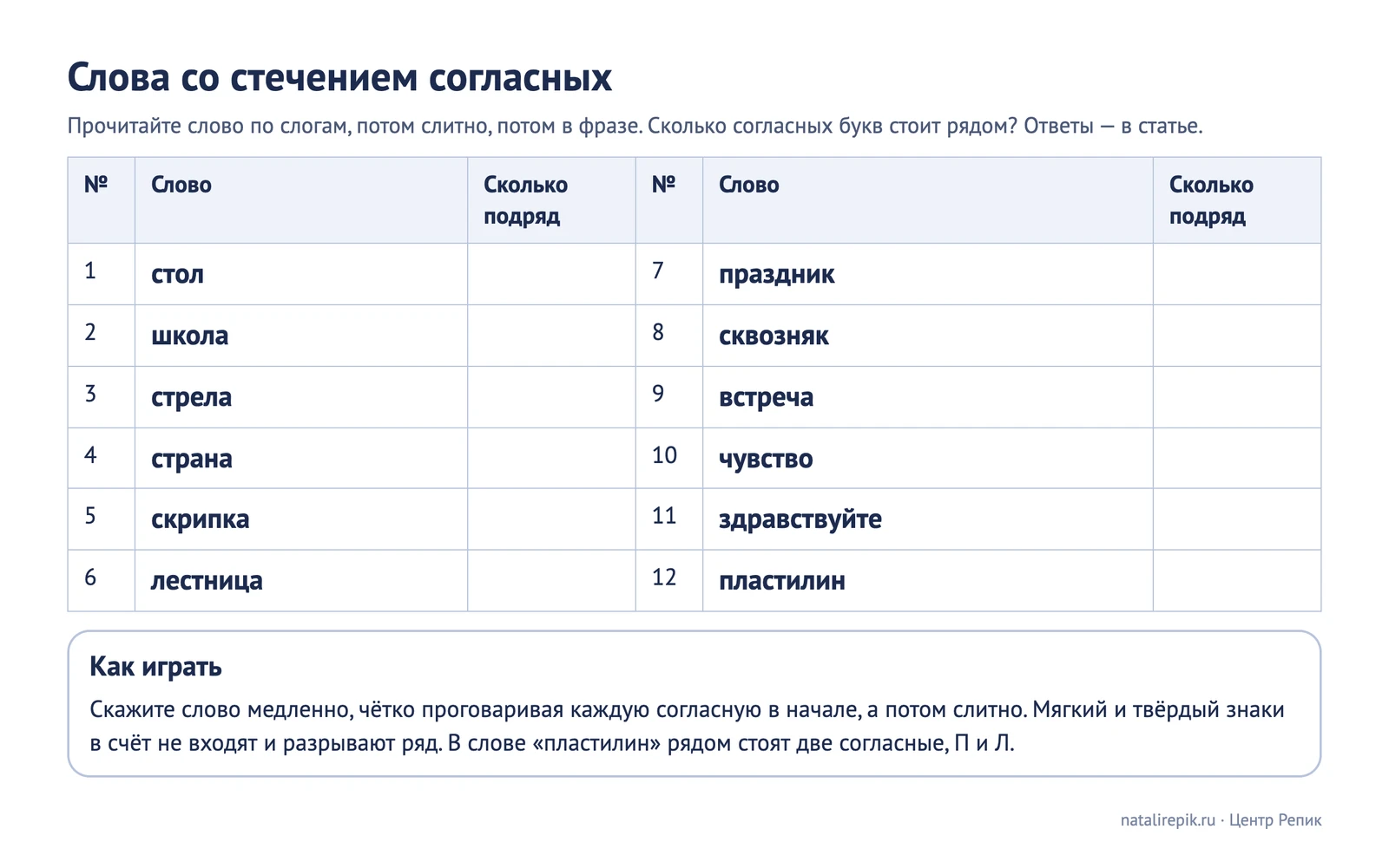 Лист для печати: слова со стечением согласных, двенадцать слов для проговаривания