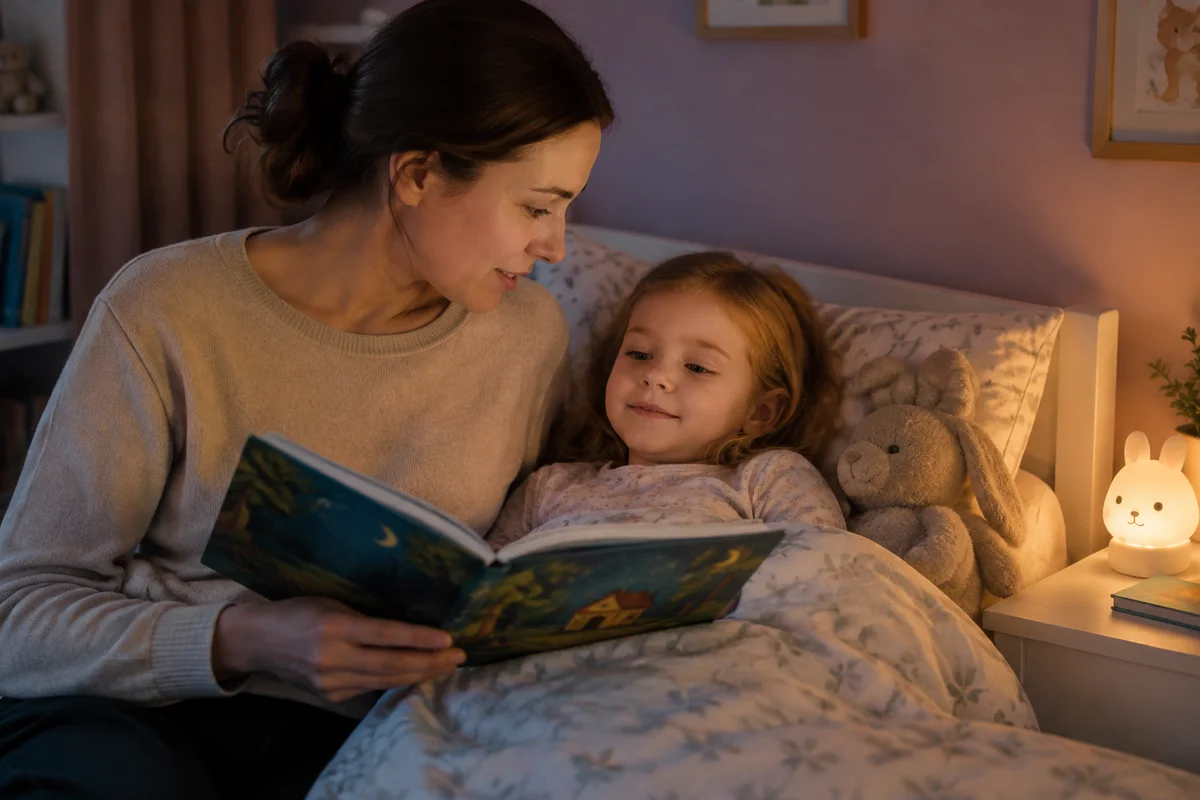 Вечером в детской мама читает книжку лежащей в кровати четырёхлетней дочке, мягкий ночник