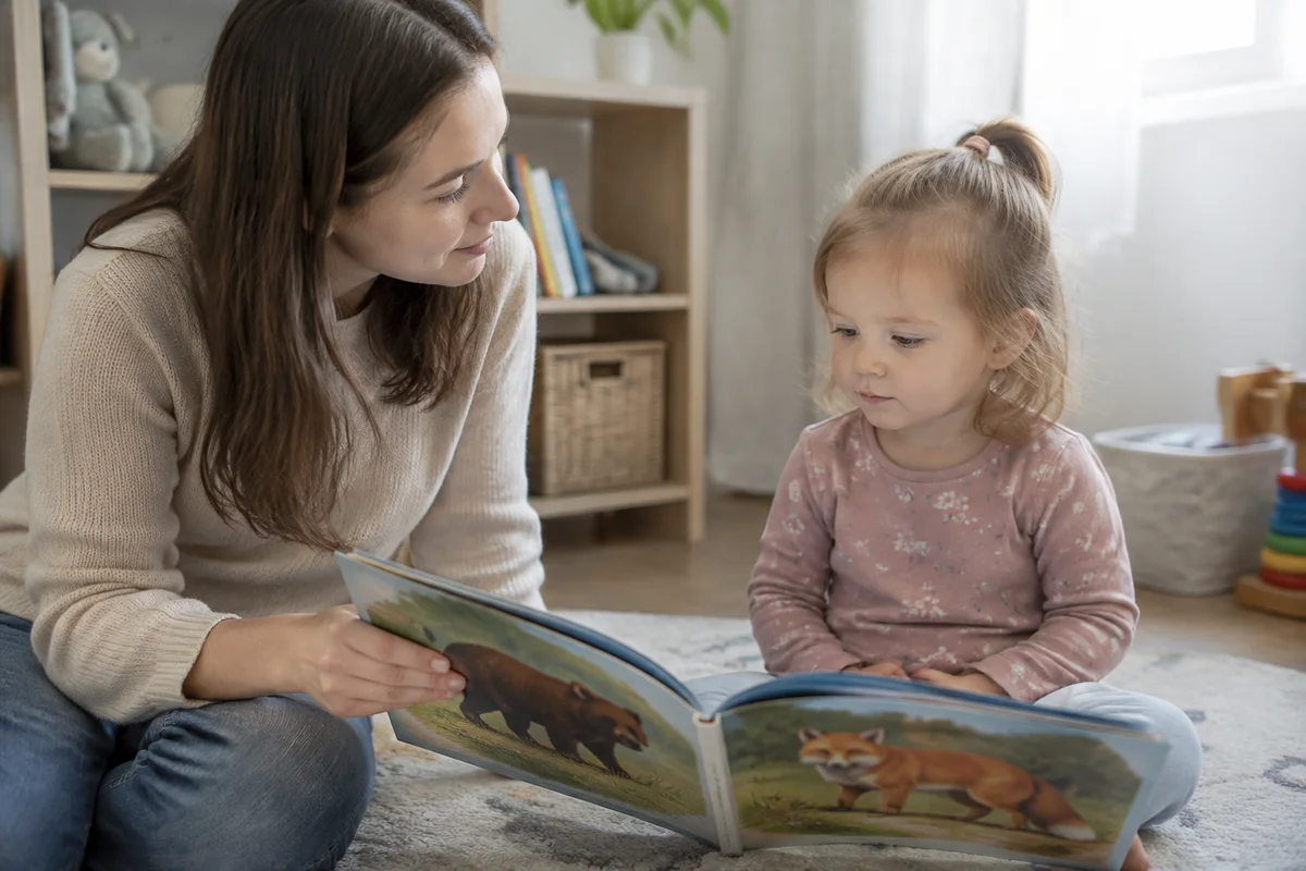 Мама читает дочке 2 лет книжку с крупными картинками животных, делает паузу и ждёт, пока девочка отреагирует.