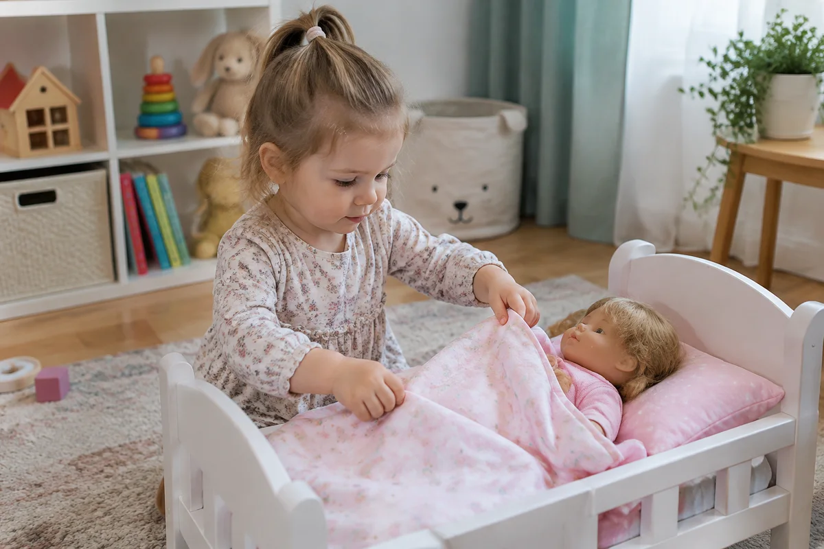 Девочка 2 лет укладывает куклу в игрушечную кроватку и накрывает её одеялом.