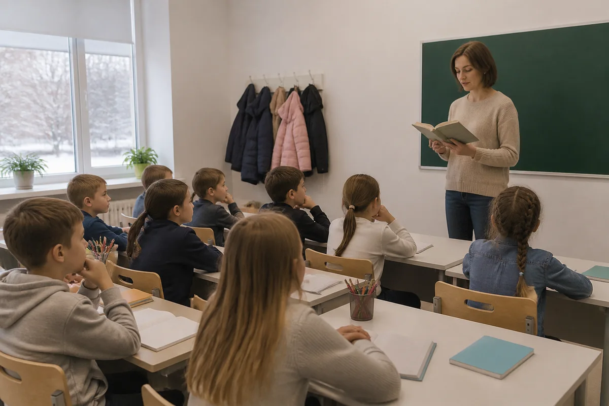 Учитель читает вслух текст в классе, дети за партами слушают, на доске пусто