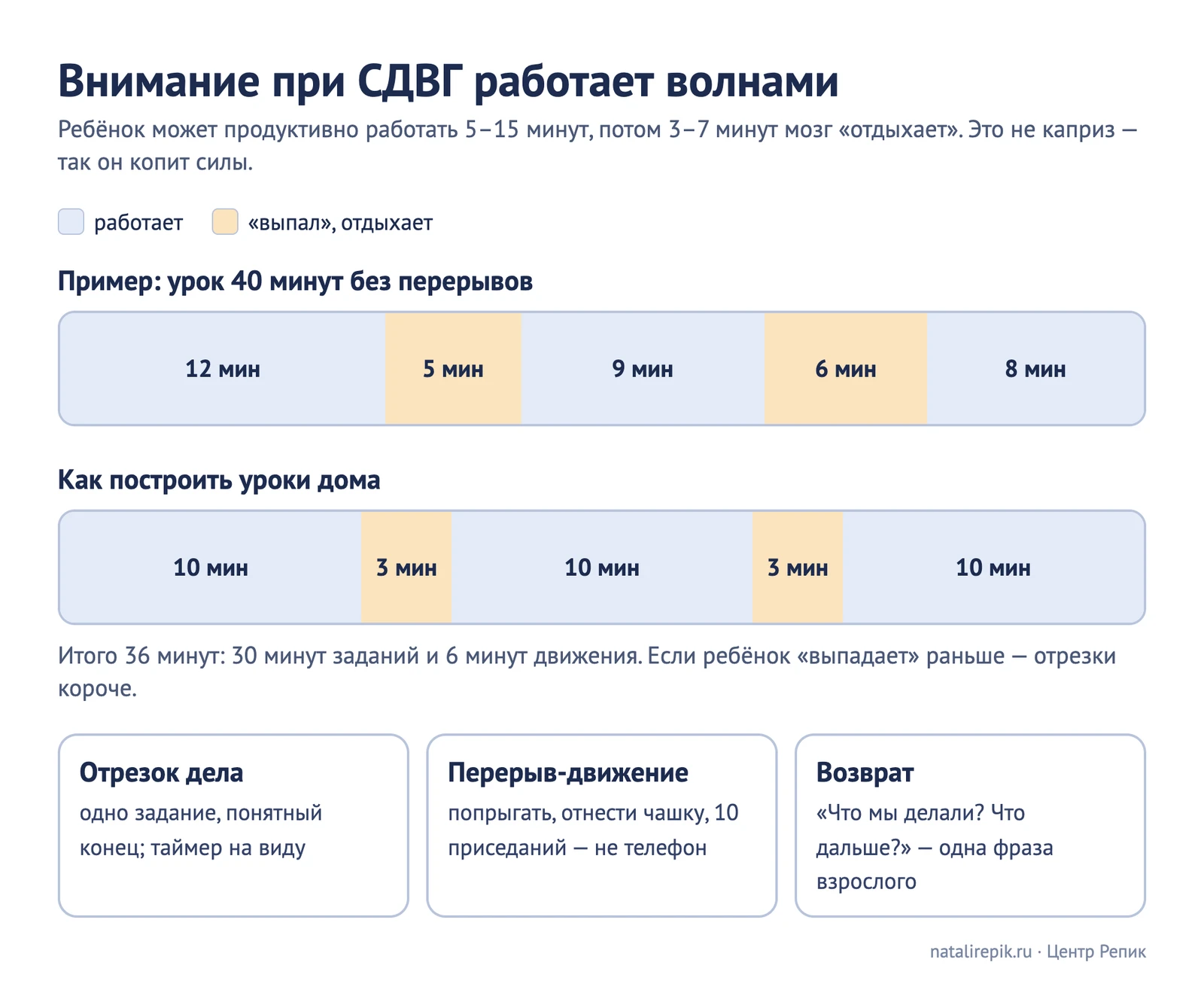 График «Внимание при СДВГ работает волнами»: пример урока 40 минут, где отрезки работы чередуются с «выпадениями», и план уроков дома — три отрезка по 10 минут заданий и два перерыва по три минуты на движение, всего 36 минут