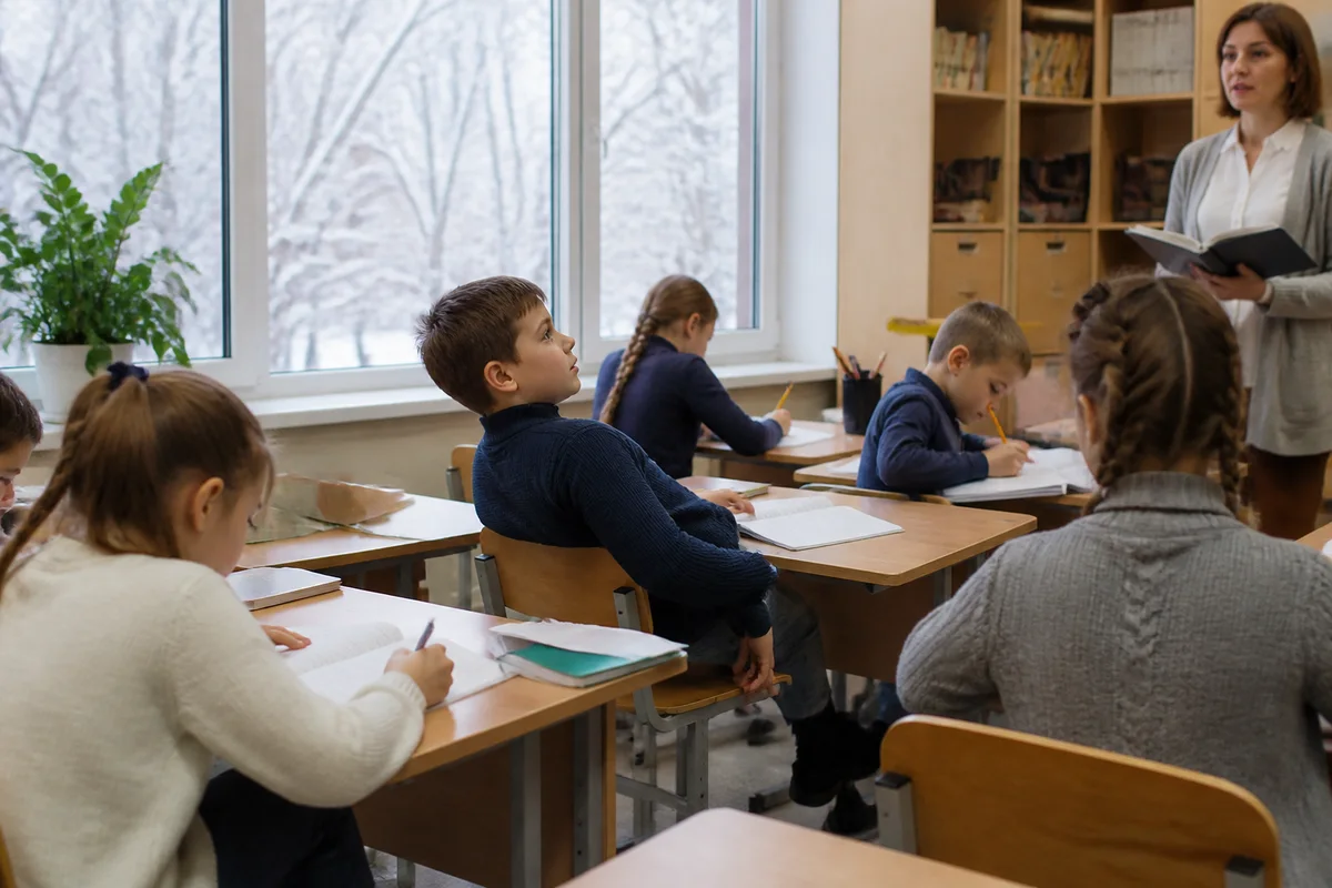 Мальчик на уроке развернулся на стуле и смотрит на учителя, пока одноклассники пишут: сидеть ровно и слушать одновременно ему труднее