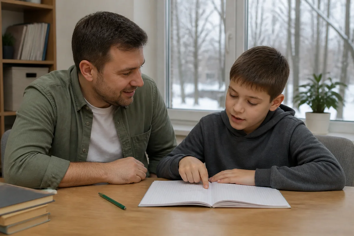 Сын вслух объясняет папе, как проверил деление умножением, папа слушает