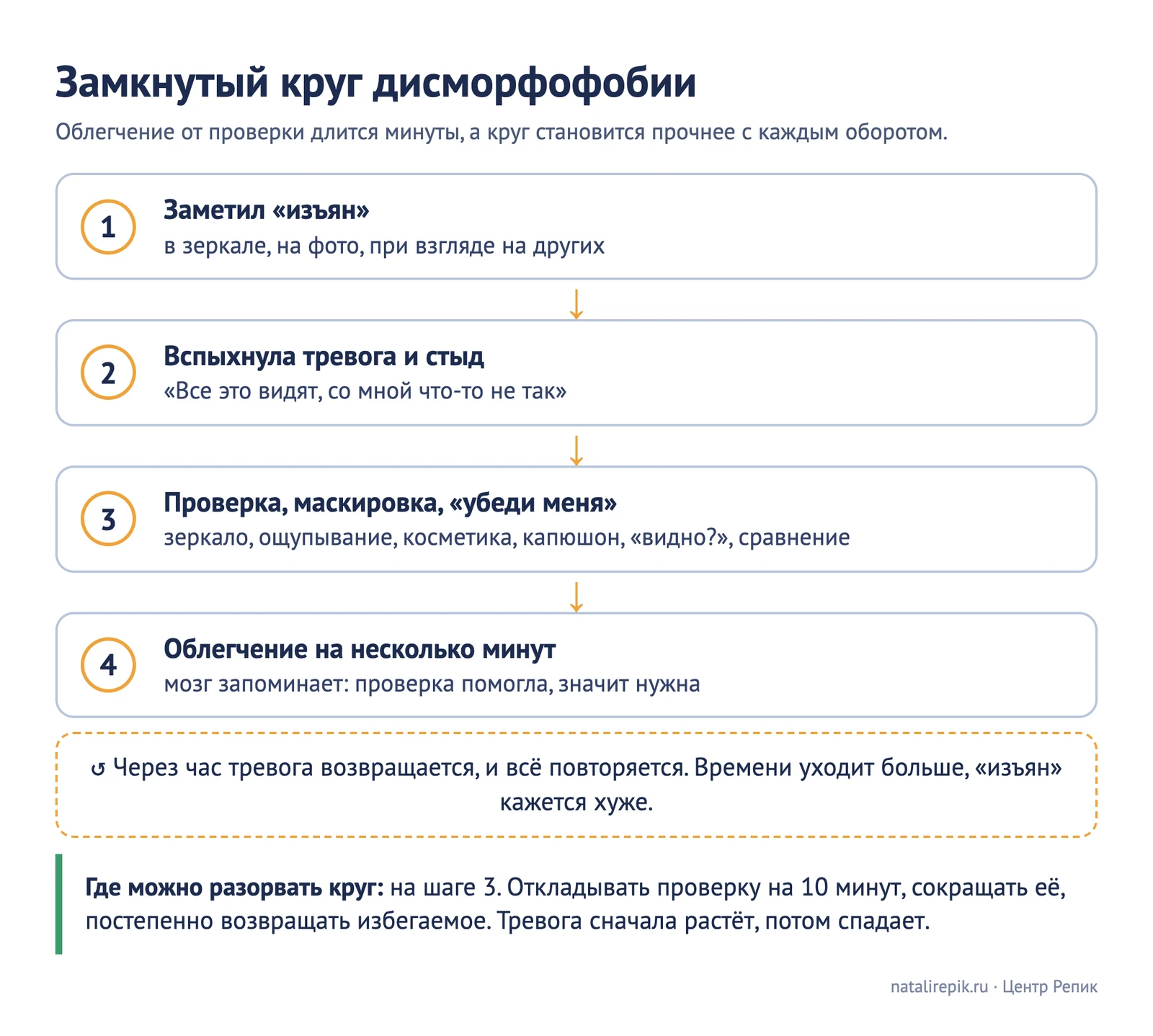 Схема «Замкнутый круг дисморфофобии»: заметил недостаток — тревога и стыд — проверка, маскировка, просьба убедить — облегчение на минуты — тревога возвращается