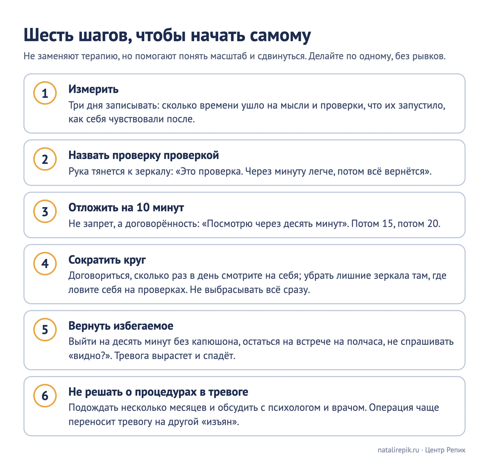 Лестница шагов: измерить, назвать проверку проверкой, отложить на десять минут, сократить круг, вернуть избегаемое, не решать об операциях в тревоге