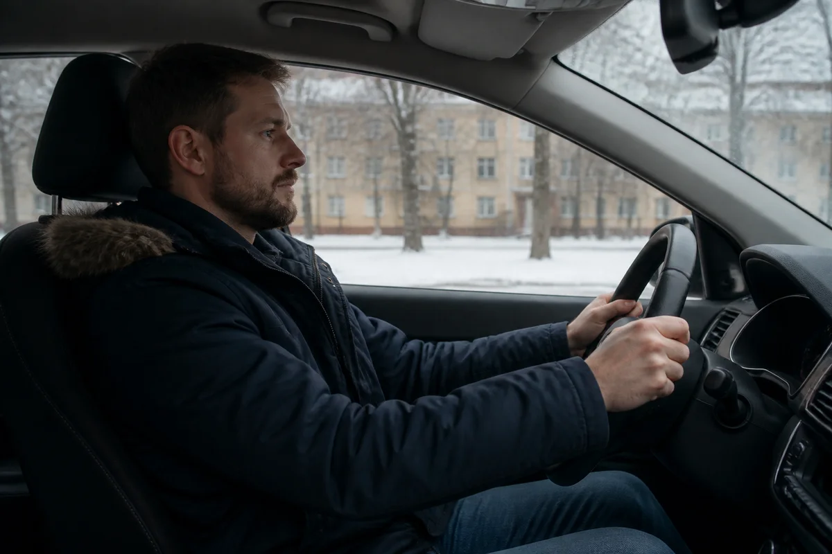 Мужчина сидит в машине, руки на руле, взгляд вперёд, за окном заснеженная улица
