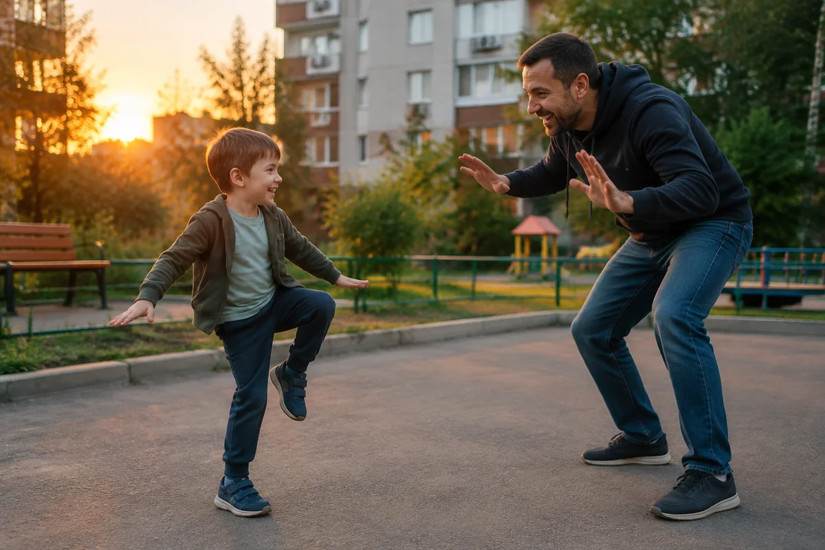 вечер во дворе, отец и сын лет шести играют в «замри», мальчик замер с поднятой ногой, оба смеются, мягкий закатный свет