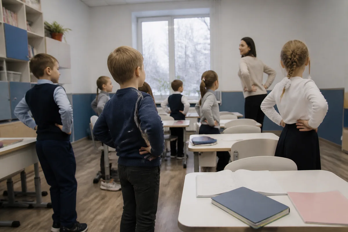 Второклассники у парт, руки на поясе, поворачиваются в сторону — места хватает и в тесном ряду