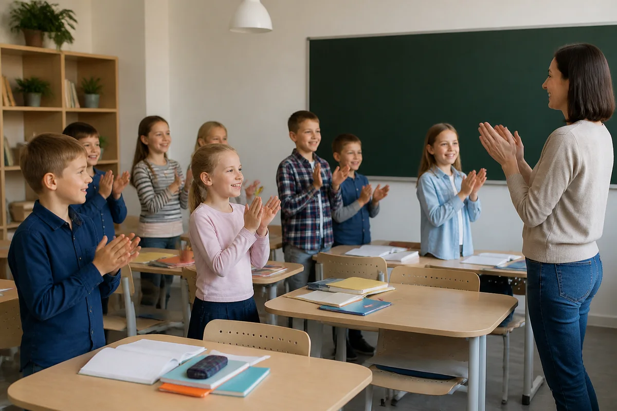 Класс стоя хлопает в ладоши в общем ритме вслед за учительницей