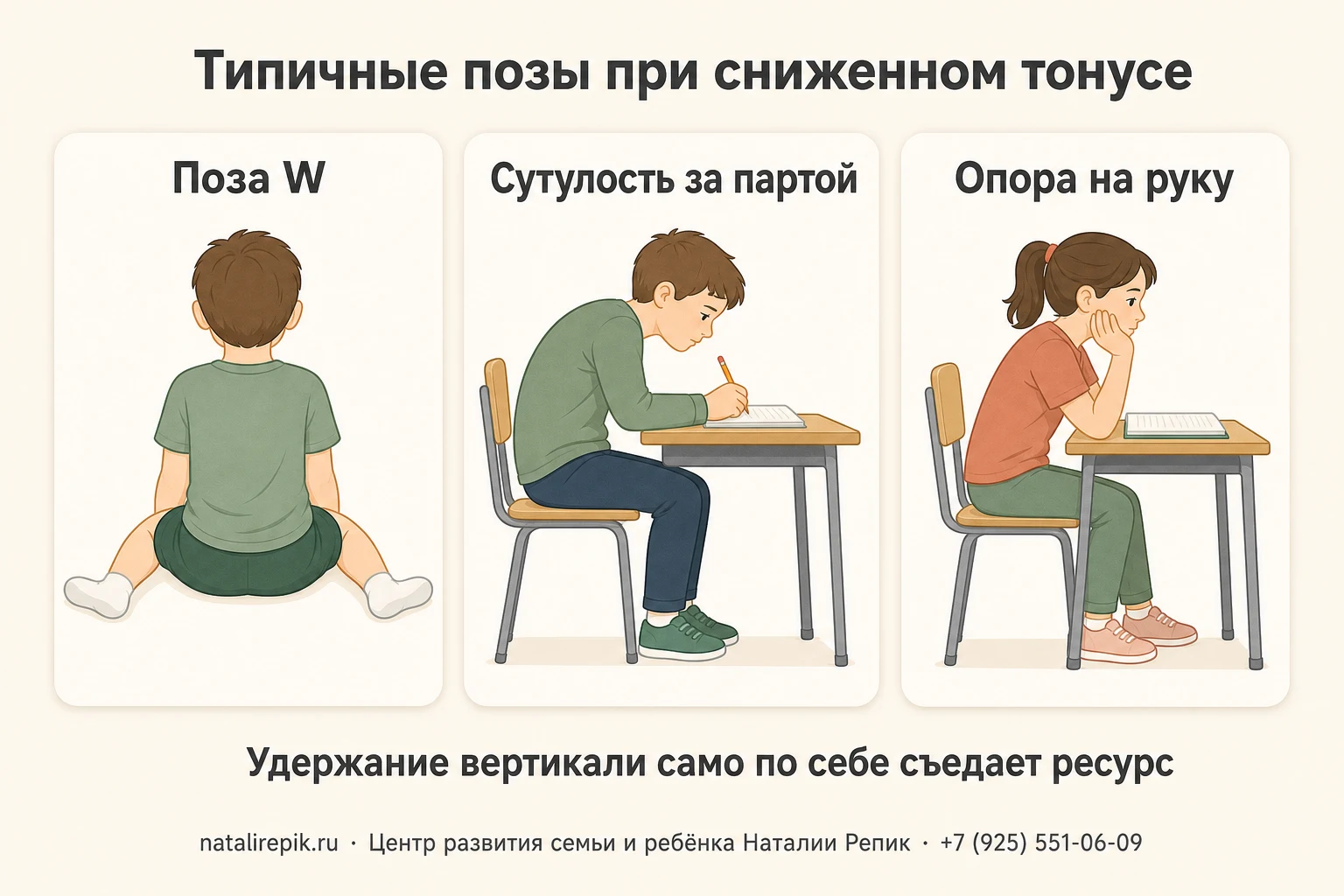 Три типичные позы при сниженном тонусе: поза W на полу, сутулость за партой и опора головы на руку