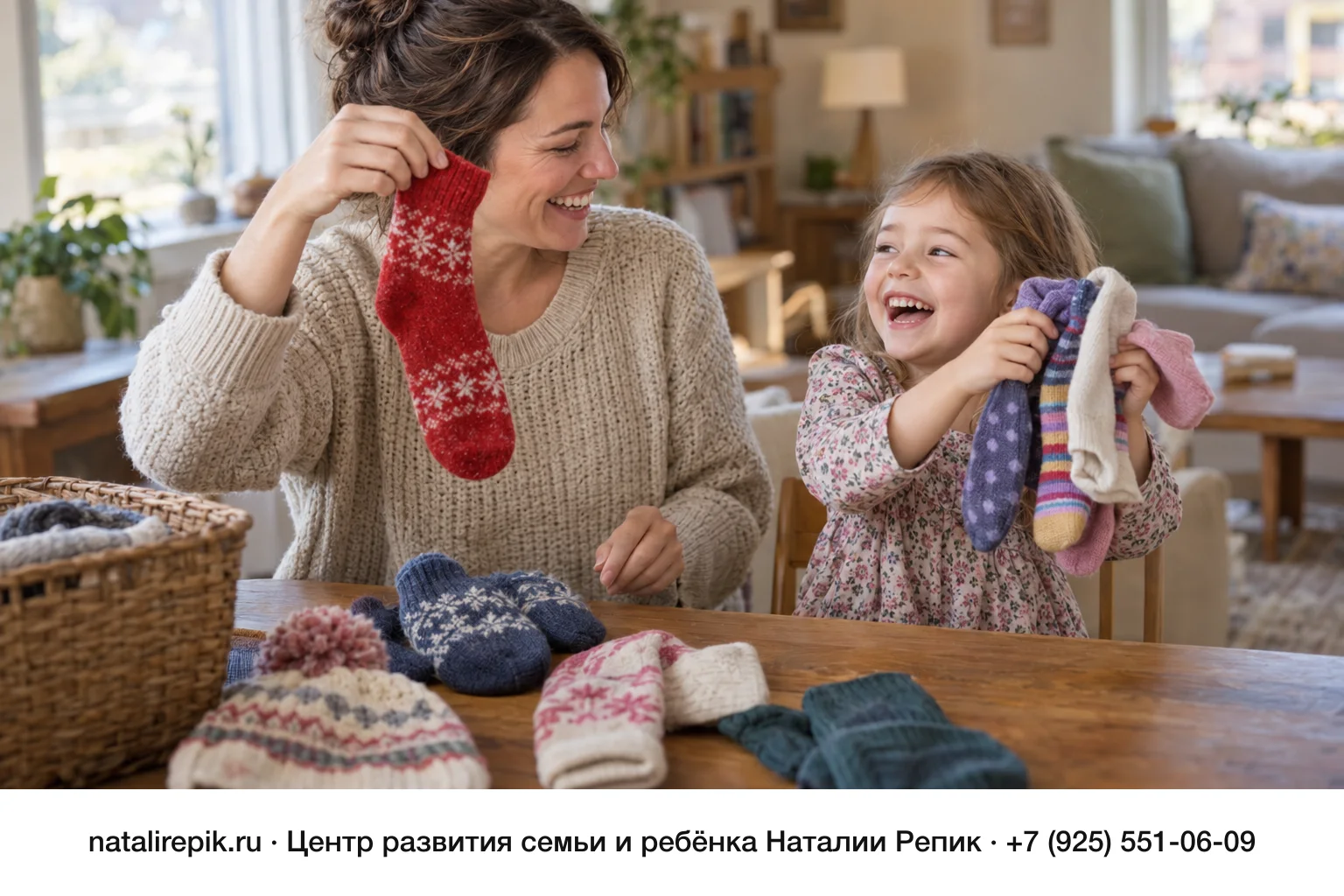 Мама и девочка четырёх лет за столом играют в «Один — много»: мама держит один красный носок, а девочка с хохотом показывает целую охапку носков; рядом лежат варежка и шапка