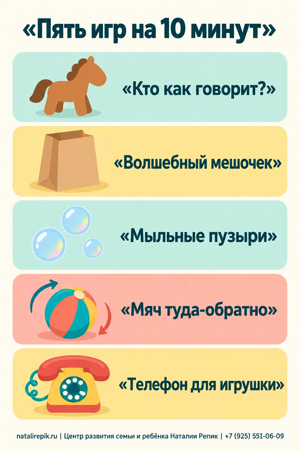 Инфографика «Пять игр на 10 минут»: кто как говорит, волшебный мешочек, мыльные пузыри, мяч туда-обратно, телефон для игрушки