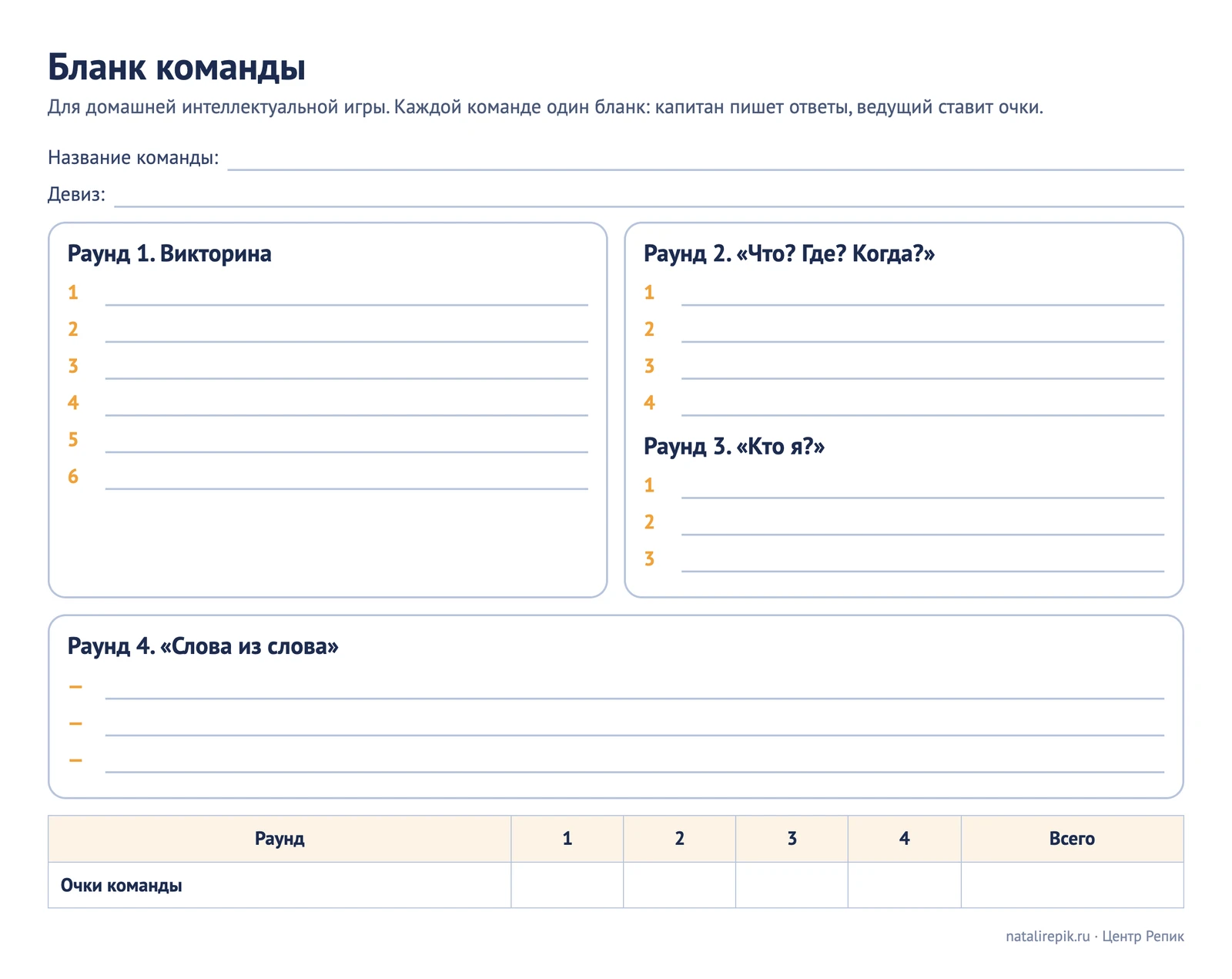 Лист «Бланк команды»: название и девиз команды, места для ответов четырёх раундов и таблица очков