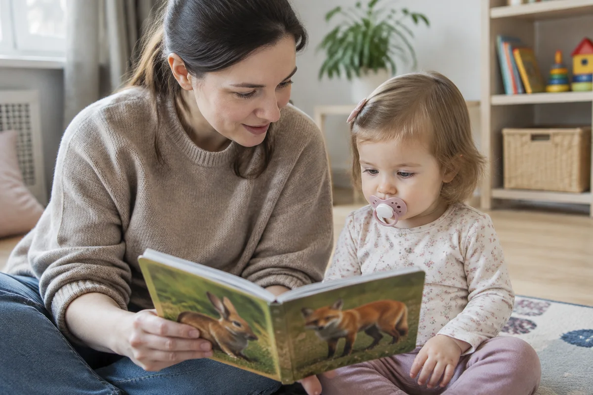 Мама показывает книжку с животными девочке 1,5 лет, у которой во рту пустышка, малышка внимательно смотрит на картинку и молчит.