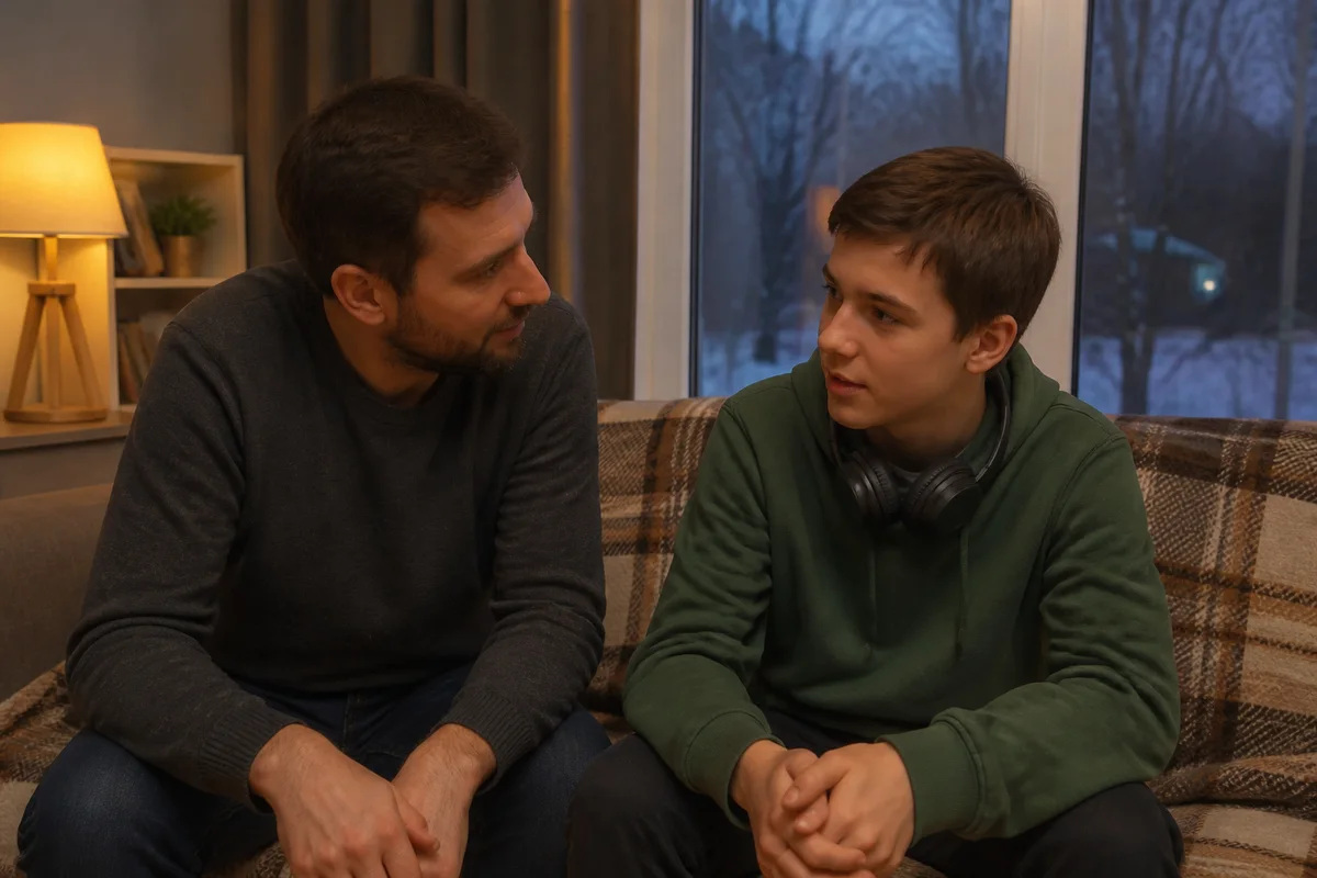Папа и сын-подросток сидят рядом на диване и спокойно разговаривают, у сына наушники на шее