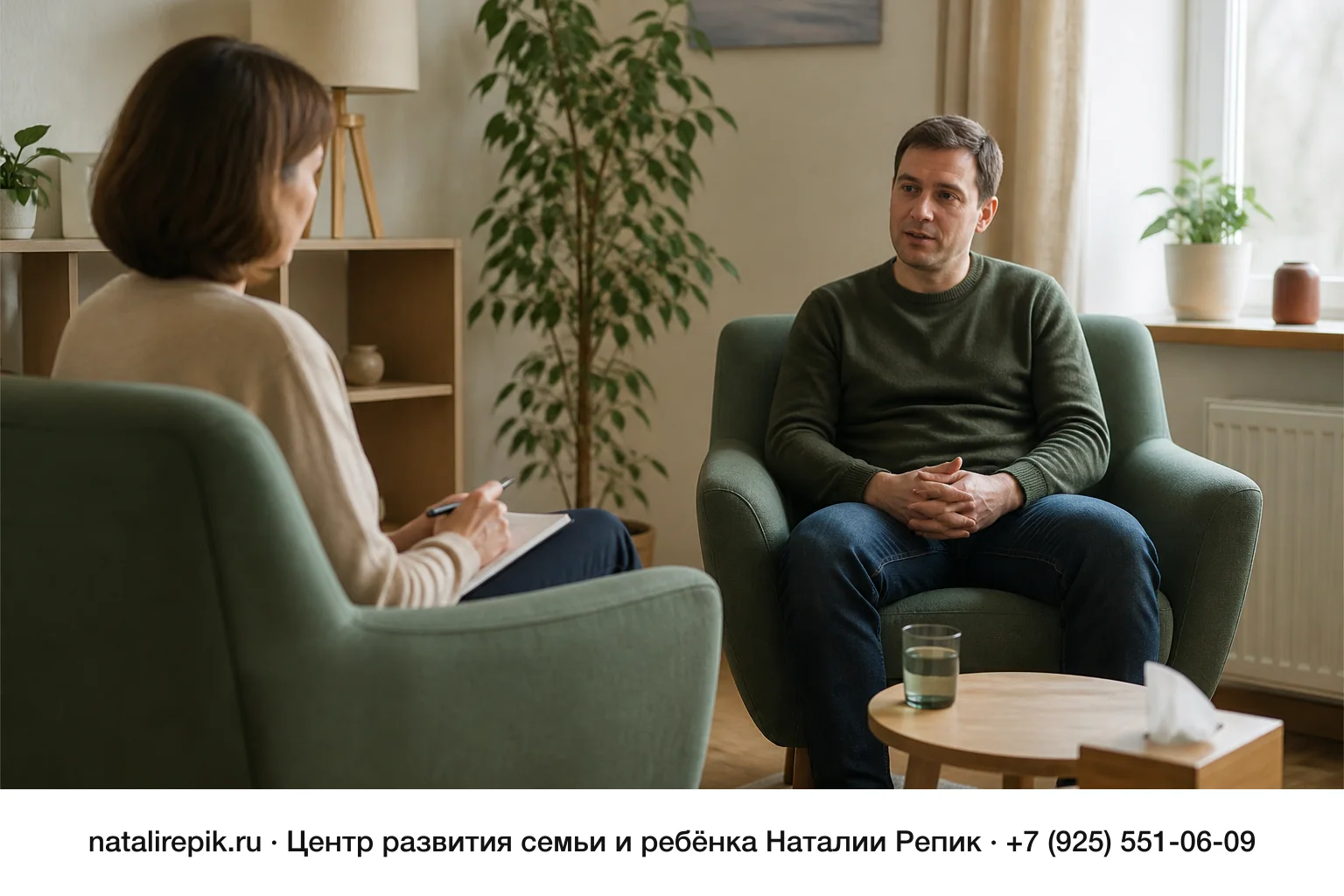 Психолог с блокнотом и клиент разговаривают, сидя в креслах напротив друг друга в светлом кабинете