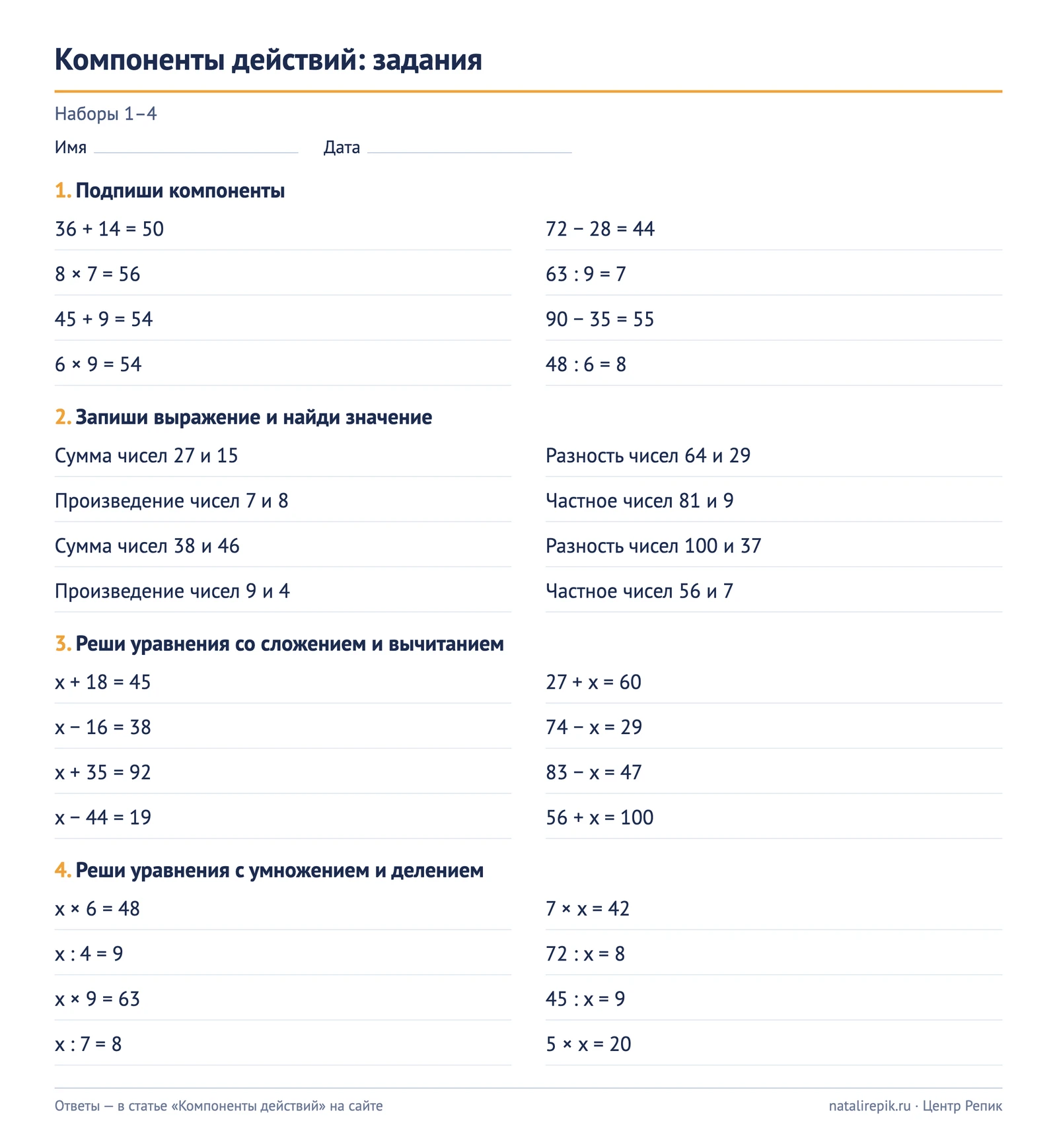 Лист A4 для печати: компоненты действий, наборы 1–4 — подпиши компоненты, запиши выражение по названию, уравнения со сложением и вычитанием, с умножением и делением