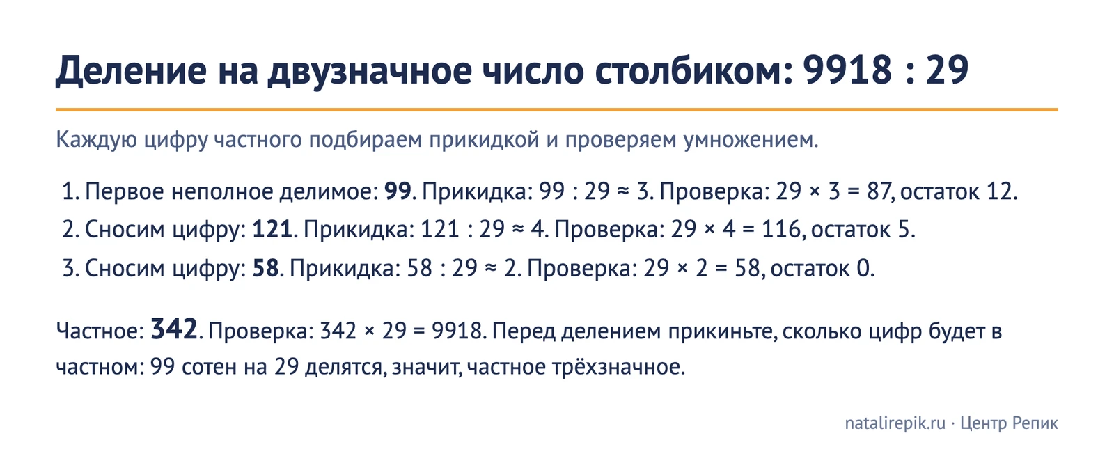 Схема «Деление на двузначное число столбиком: 9918 : 29»: неполные делимые 99, 121 и 58, прикидка и проверка каждой цифры частного, ответ 342