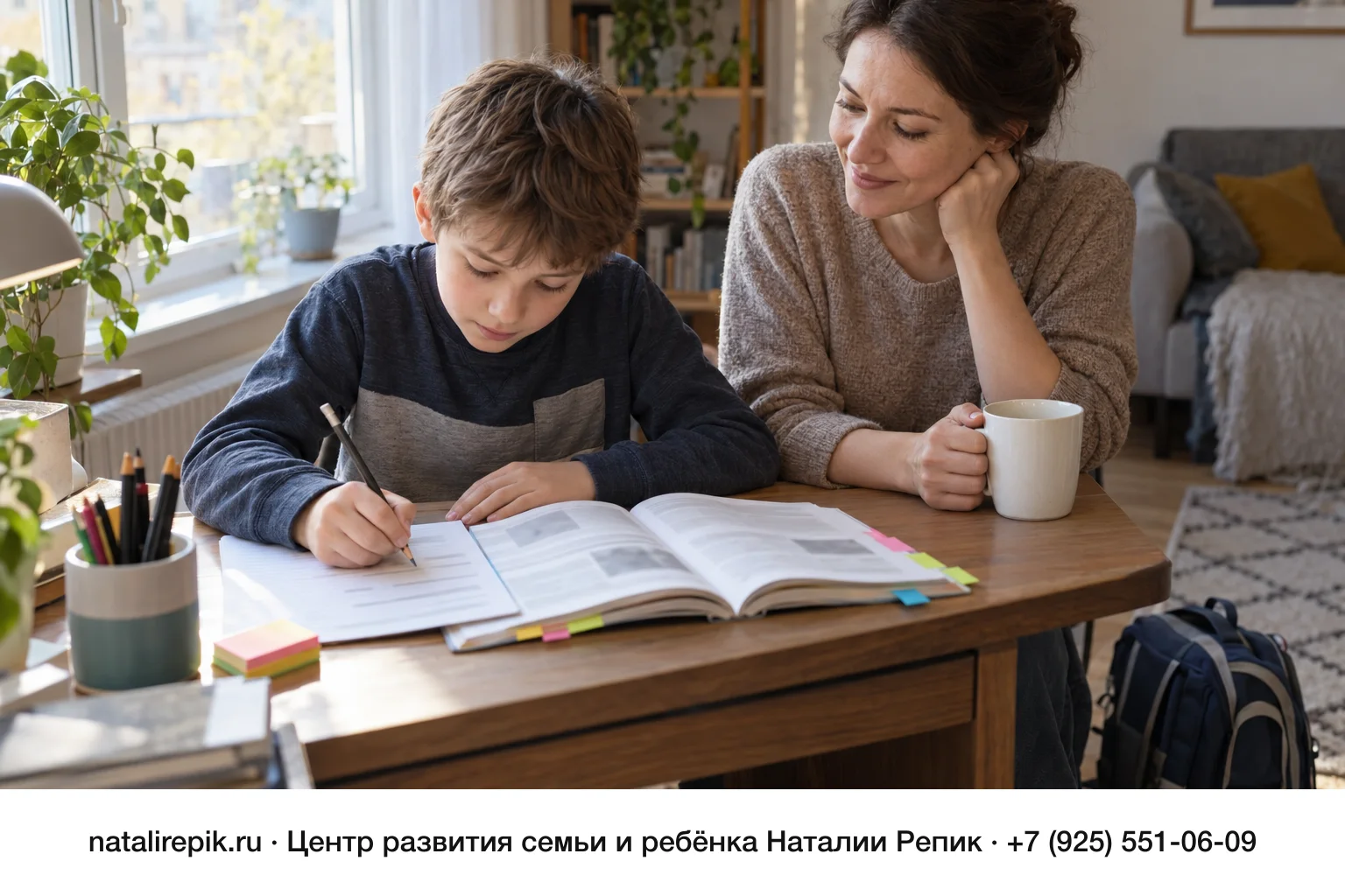 Мальчик лет девяти–десяти за деревянным столом дома карандашом пишет короткий план на листе, рядом раскрытый учебник с цветными стикерами на краях страниц, подставка с карандашами, мама сидит рядом с кружкой и смотрит доброжелательно, справа на полу школьный рюкзак
