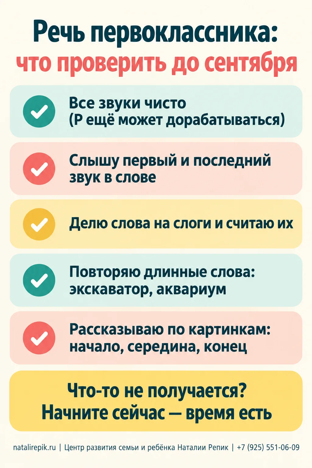 Инфографика «Речь первоклассника: что проверить до сентября»: все звуки чисто, слышу первый и последний звук, делю слова на слоги, повторяю длинные слова, рассказываю по картинкам с началом, серединой и концом; внизу подсказка начать сейчас
