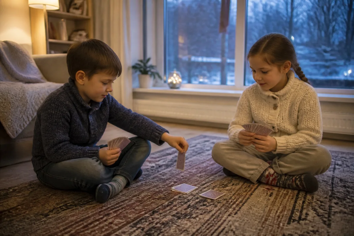 Брат и сестра играют в карты на ковре: каждый открывает верхнюю карту из своей стопки, у кого больше — тот забирает