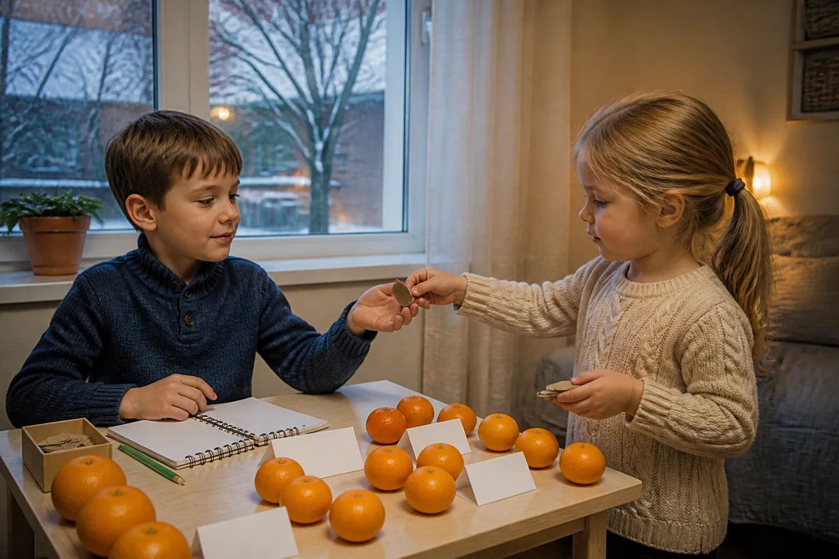 Игра в лавку дома: брат-продавец, сестра платит бумажной монетой за мандарин
