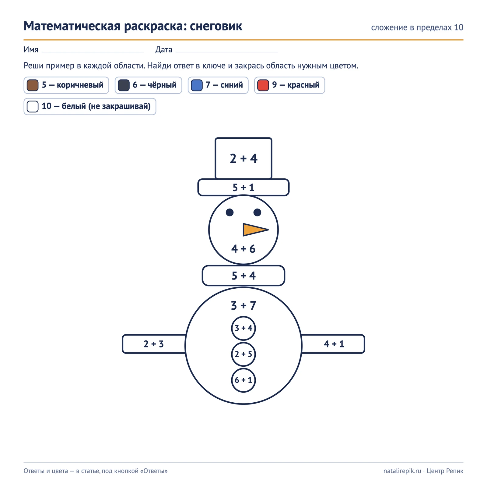 Лист A4: раскраска «Снеговик», десять областей с примерами на сложение в пределах 10 и ключом цветов