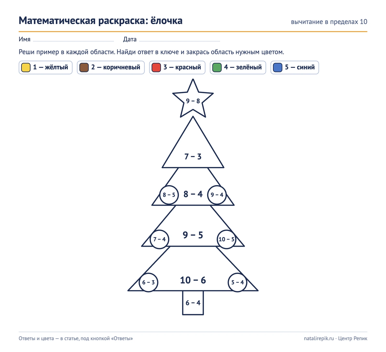 Лист A4: раскраска «Ёлочка», двенадцать областей с примерами на вычитание в пределах 10 и ключом цветов от 1 до 5