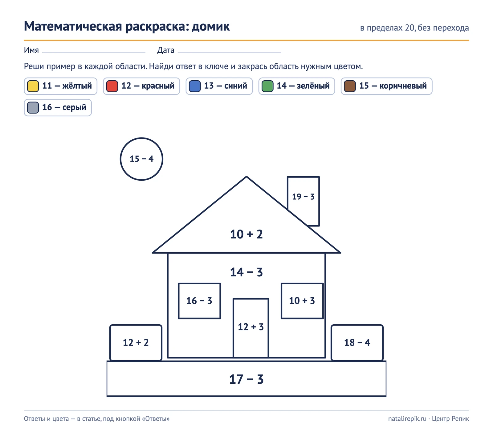 Лист A4: раскраска «Домик», десять областей с примерами в пределах 20 без перехода через десяток и ключом цветов