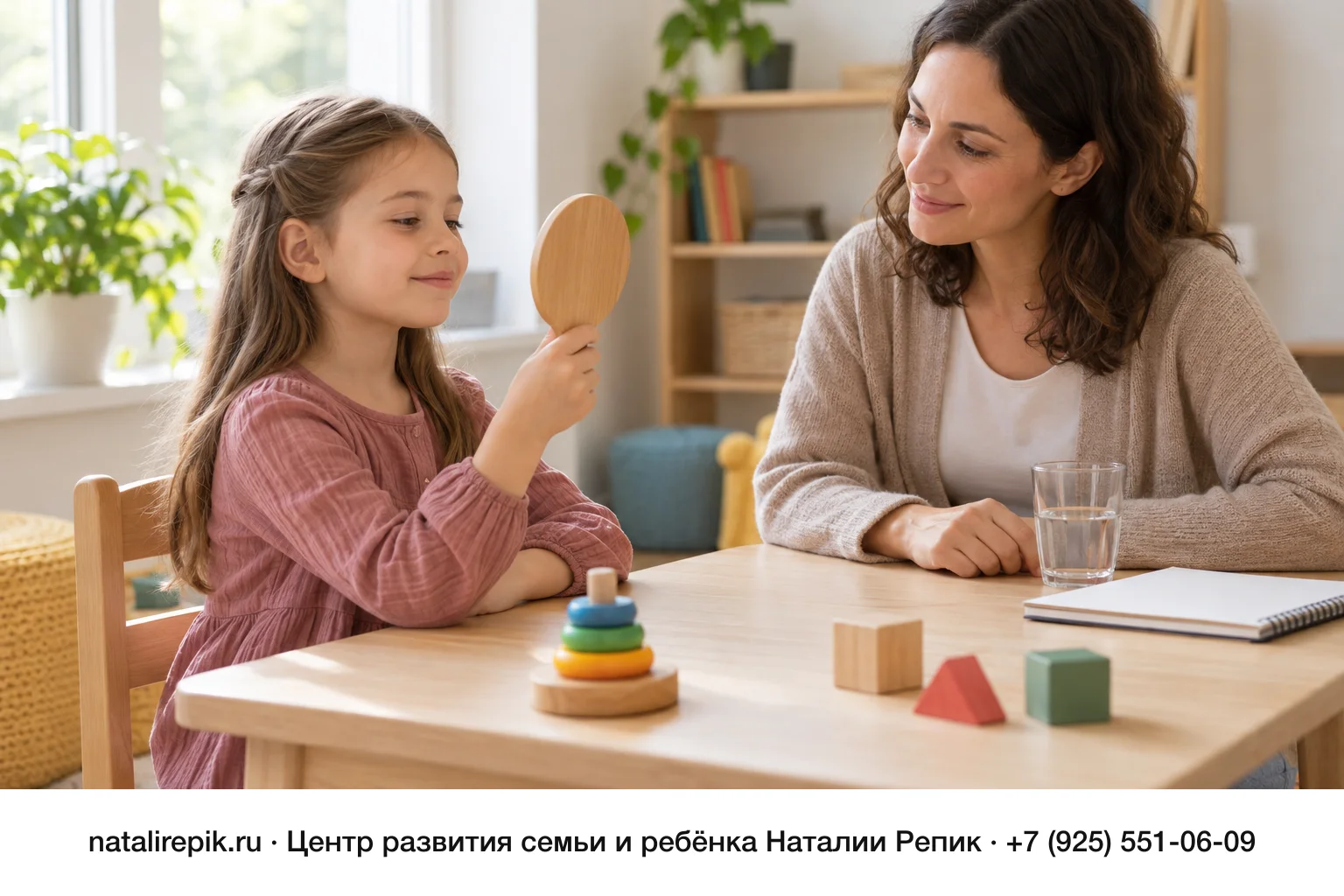 Девочка лет семи за столом в светлом кабинете смотрится в маленькое ручное зеркальце, логопед сидит напротив и спокойно улыбается