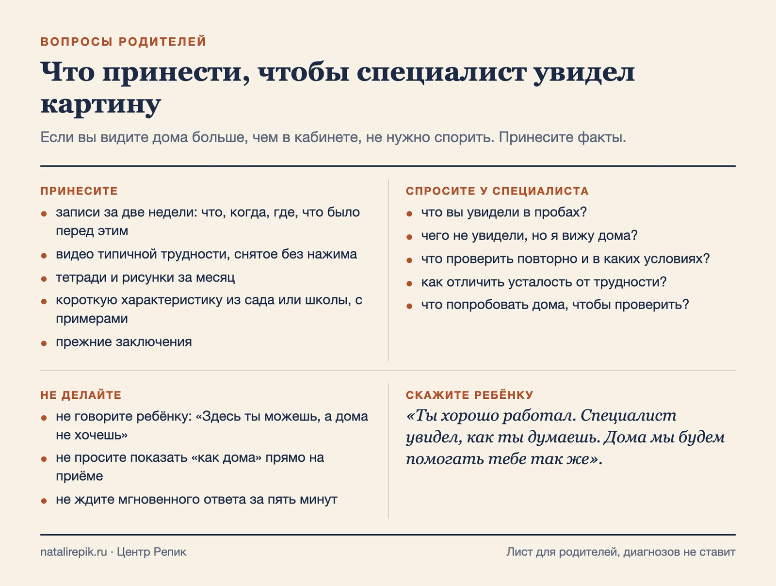 Лист: что принести на приём, что спросить у специалиста, чего не делать и что сказать ребёнку