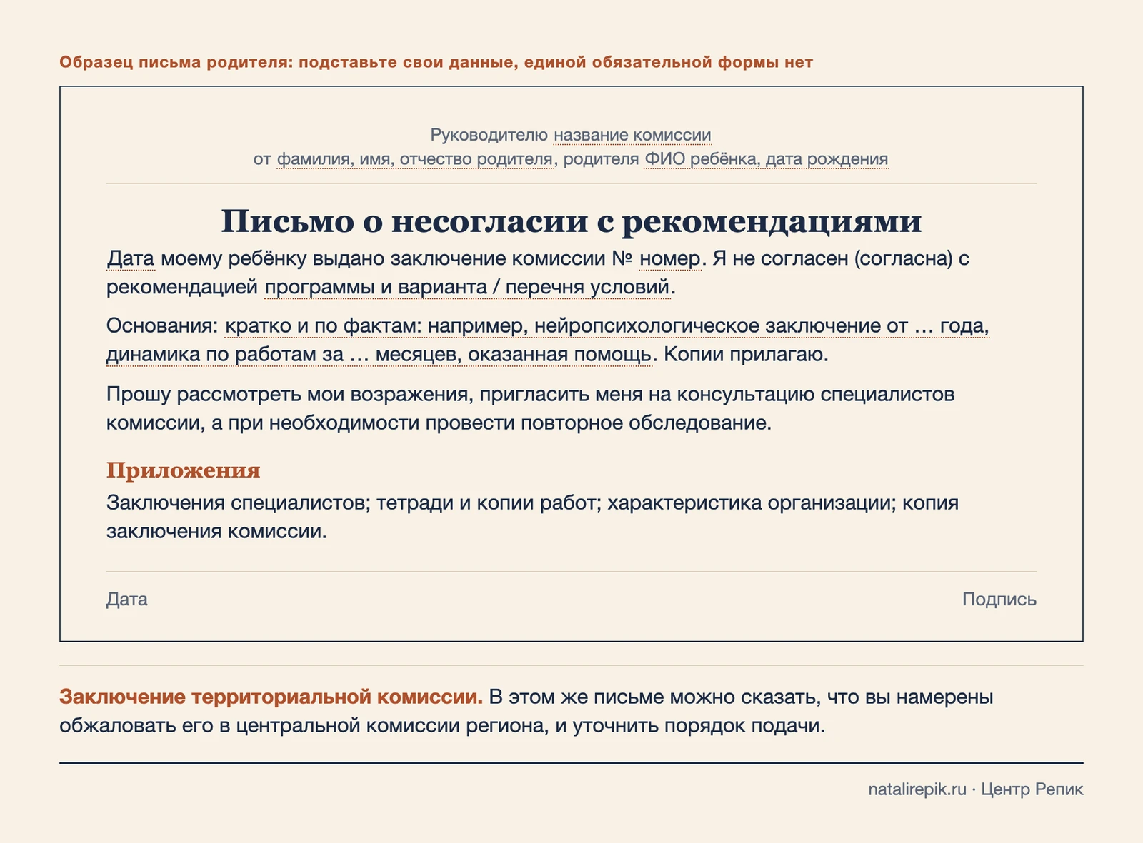 Образец письма родителя в комиссию с возражениями против рекомендаций: основания, просьба рассмотреть и провести повторное обследование, приложения