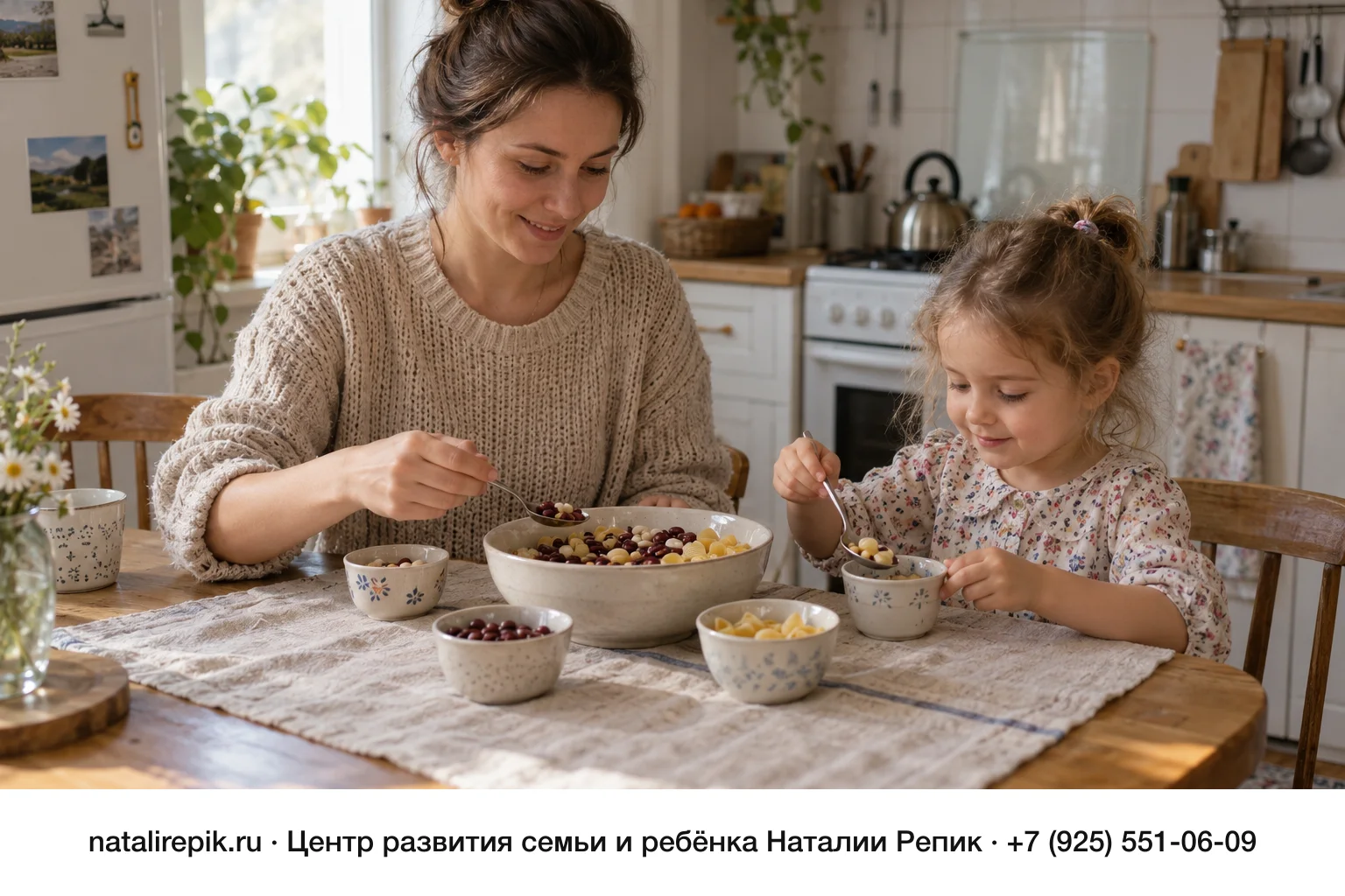 Мама и четырёхлетняя девочка сидят за кухонным столом и перебирают ложками сухую фасоль и макароны-ракушки из миски в маленькие чашки, утренний свет, руки заняты ложками