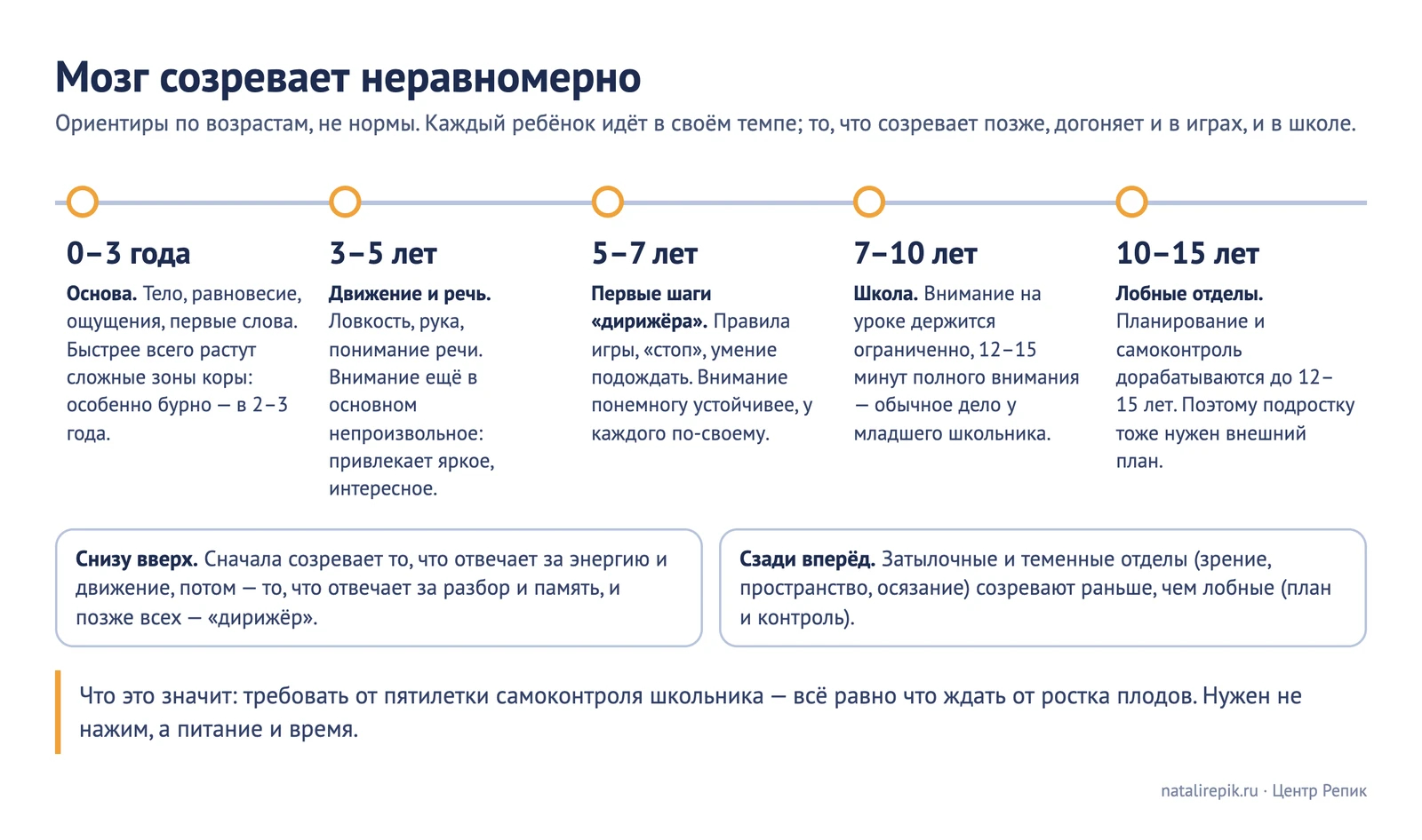 Схема «Мозг созревает неравномерно»: возрастная лента 0–3, 3–5, 5–7, 7–10 и 10–15 лет — что в каждый период развивается быстрее всего, «снизу вверх» и «сзади вперёд»