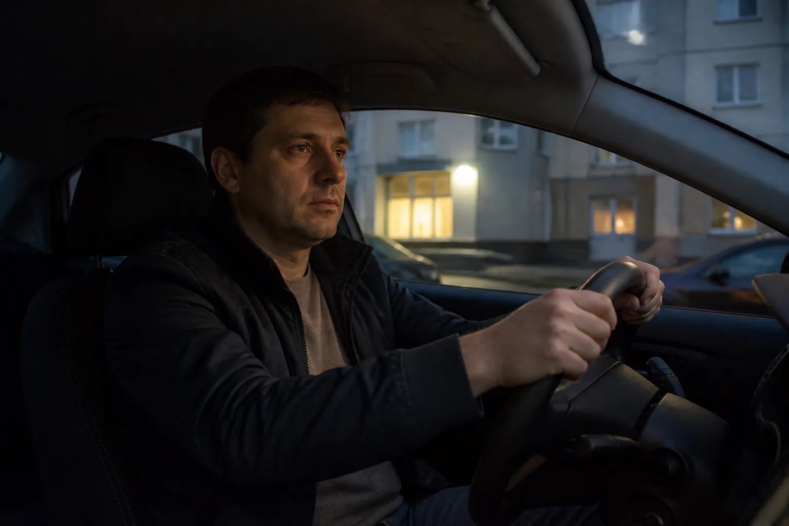 Мужчина вечером сидит в машине во дворе дома после рабочего дня и задумчиво смотрит перед собой