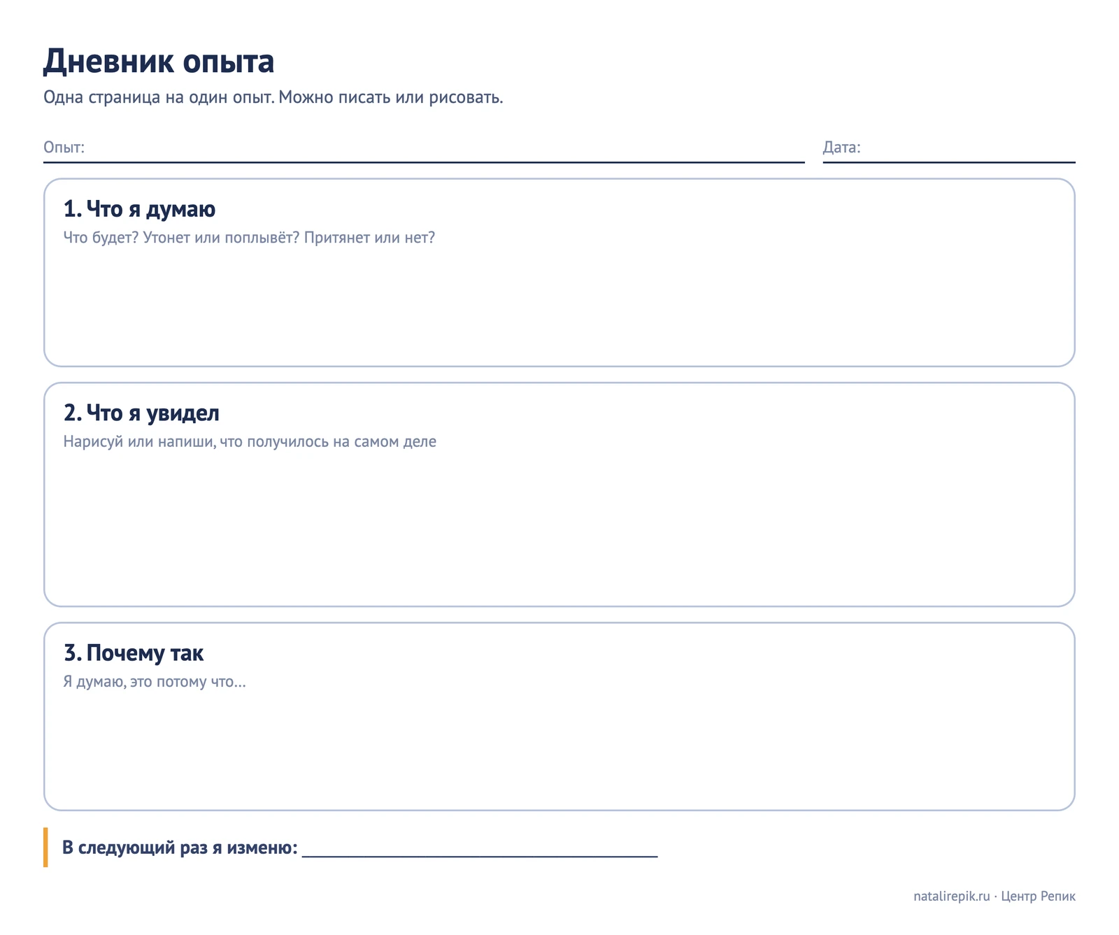 Лист «Дневник опыта»: название опыта, три рамки «что думаю», «что увидел», «почему»