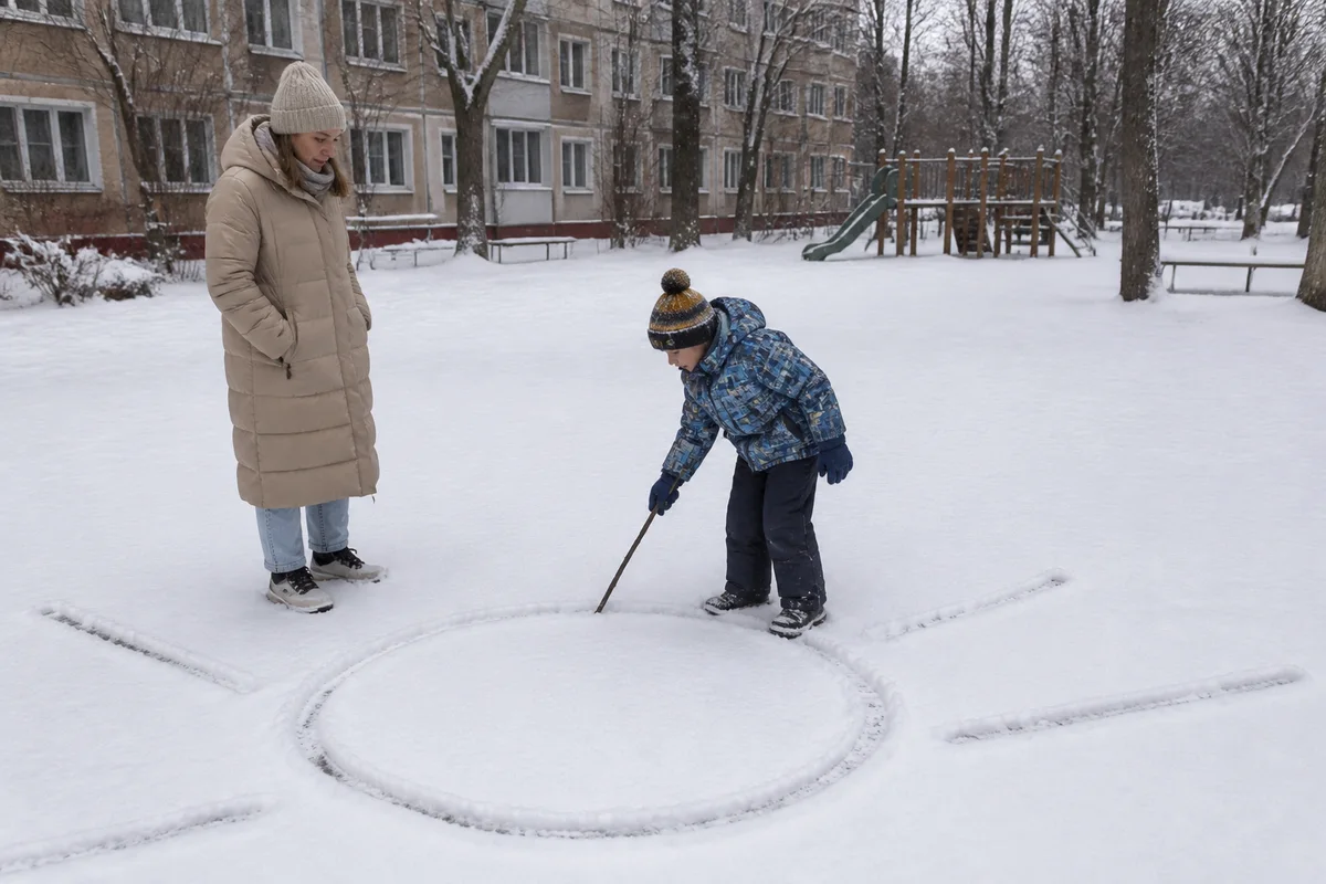 Мальчик рисует палкой на снегу большие линии и круг, мама стоит рядом