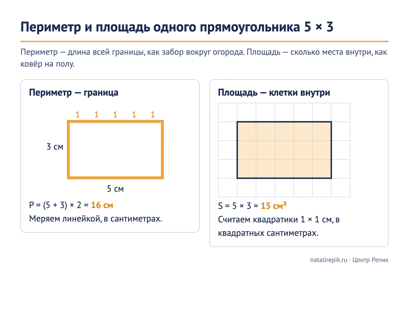 Схема «Периметр и площадь одного прямоугольника 5 × 3»: слева граница прямоугольника, по которой считаем сантиметры, P = (5 + 3) × 2 = 16 см; справа те же 5 × 3 клетки внутри, S = 5 × 3 = 15 см²