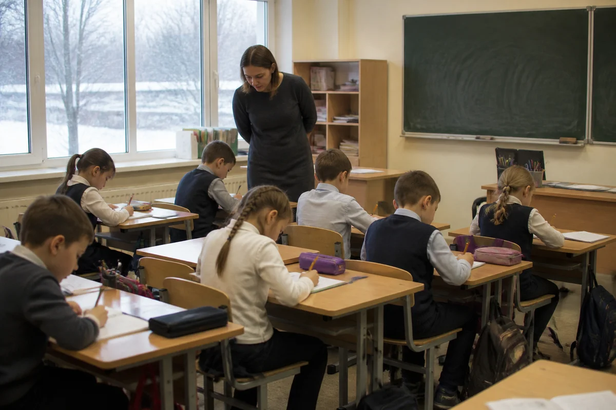 Первоклассники пишут в тетрадях за партами, учительница проходит между рядами