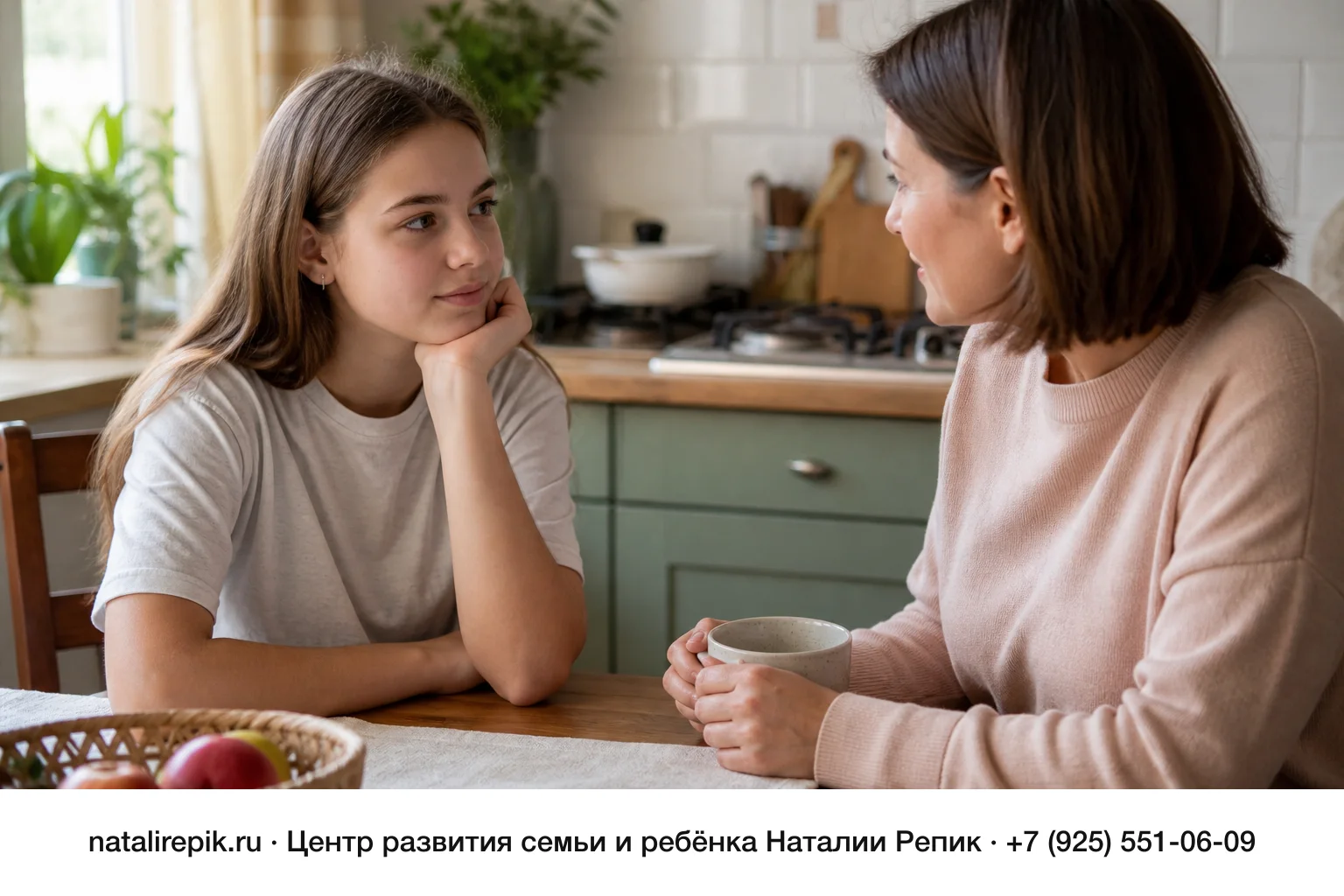 Девочка-подросток и мама сидят за кухонным столом и разговаривают