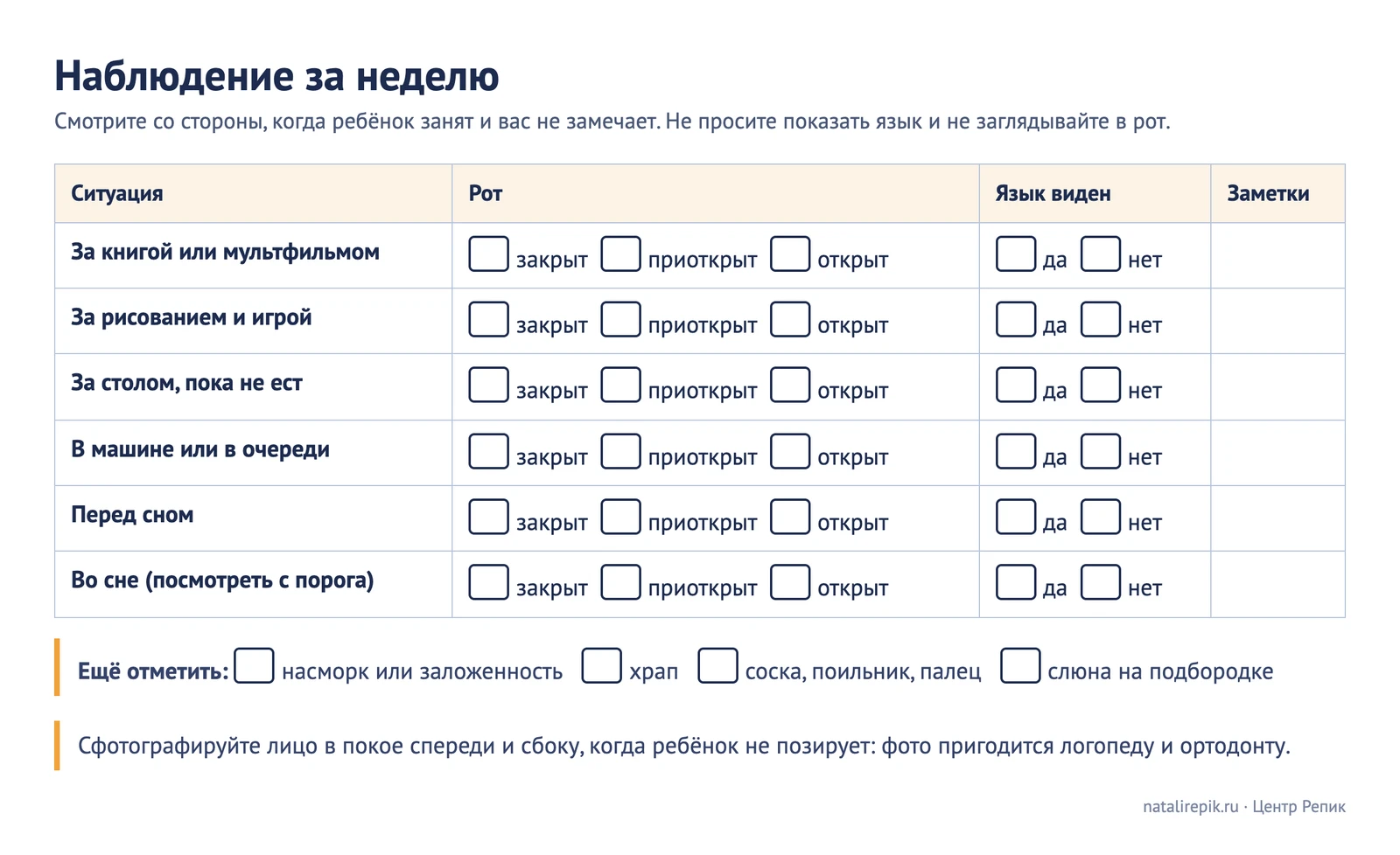 Лист «Наблюдение за неделю»: шесть ситуаций и отметки «рот закрыт, приоткрыт, открыт» и «язык виден»