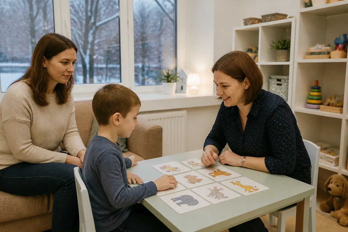 Специалист и шестилетний мальчик играют с карточками с картинками за столом, мама сидит рядом