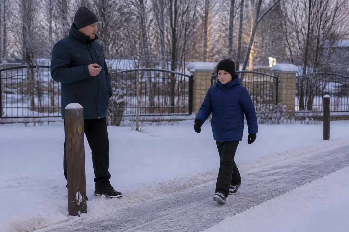 Папа с секундомером измеряет, за сколько секунд сын пройдёт расстояние между двумя столбиками