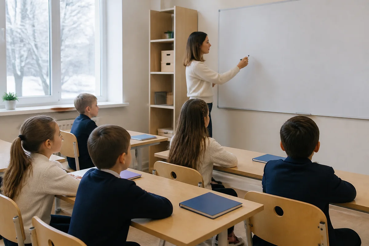 Первоклассники слушают учительницу на уроке