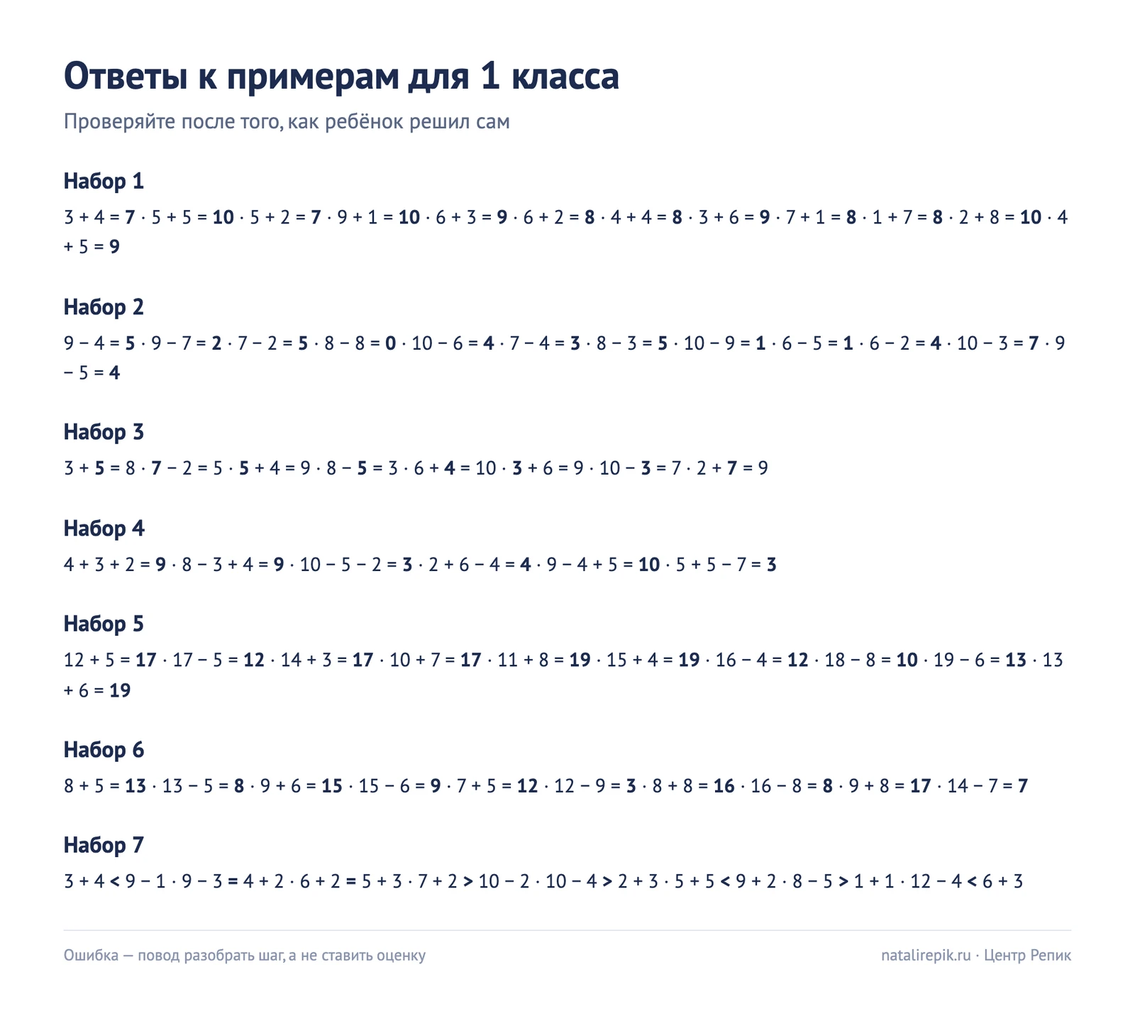 Лист с ответами ко всем семи наборам примеров для 1 класса