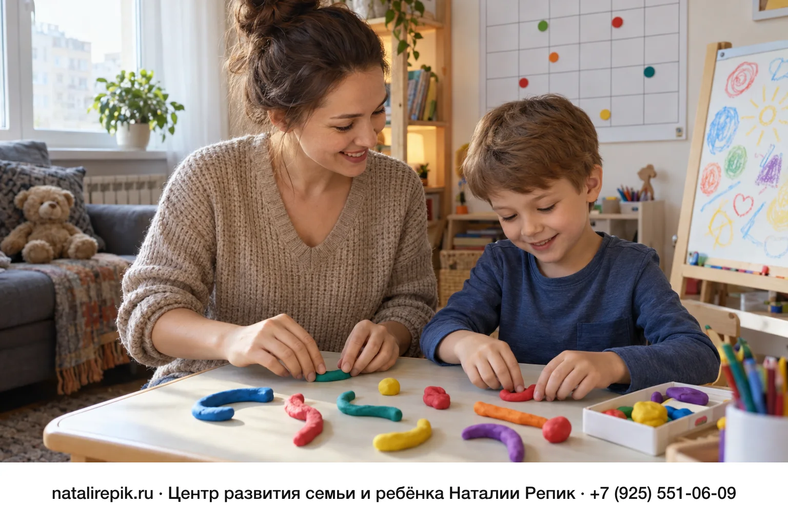 Мама и мальчик шести лет за небольшим столом лепят фигурки из пластилина; на стене за ними большой календарь с цветными кружками-наклейками на некоторых днях