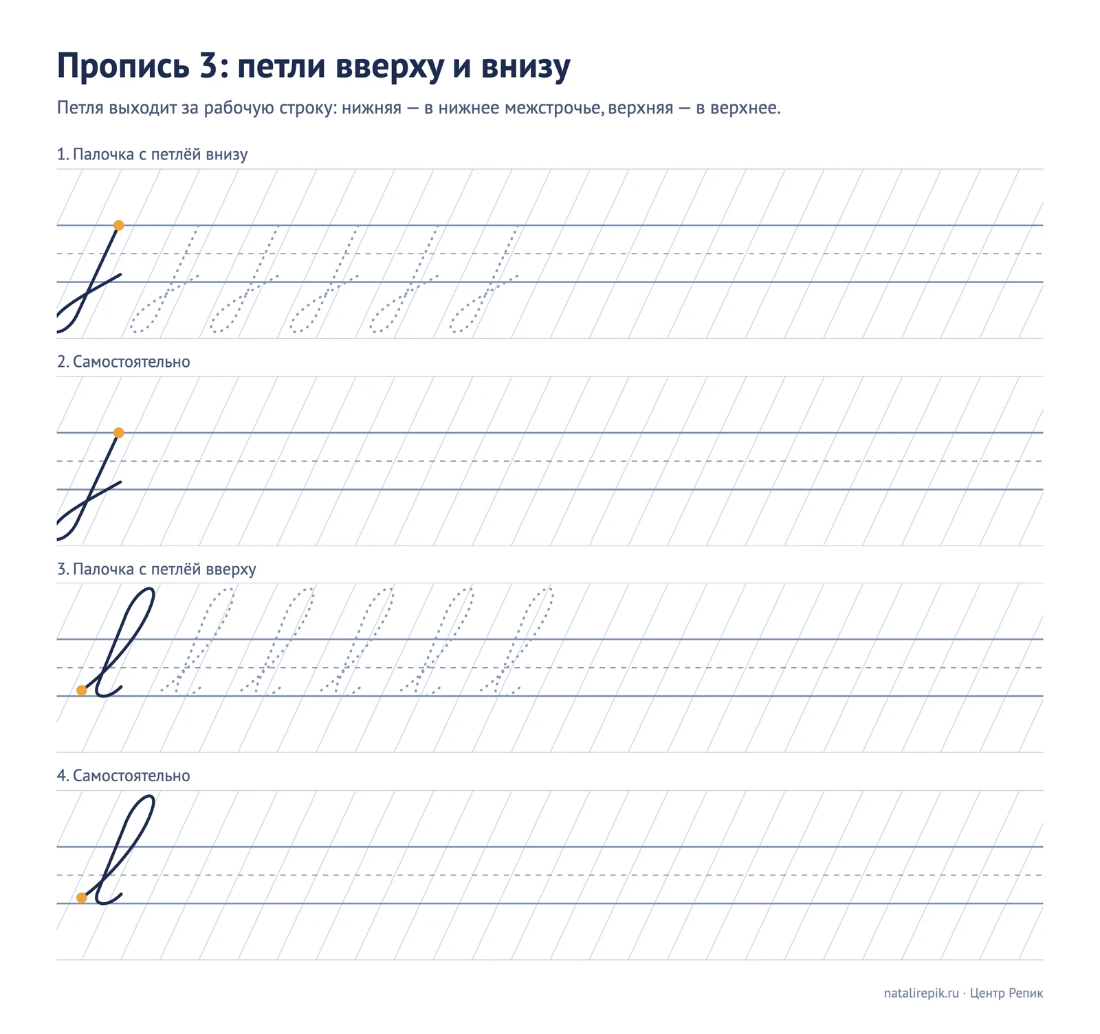 Пропись 3 «Петли вверху и внизу»: палочка с петлёй внизу и палочка с петлёй вверху, выходящие в межстрочье, с образцом, пунктиром и строкой для самостоятельной работы